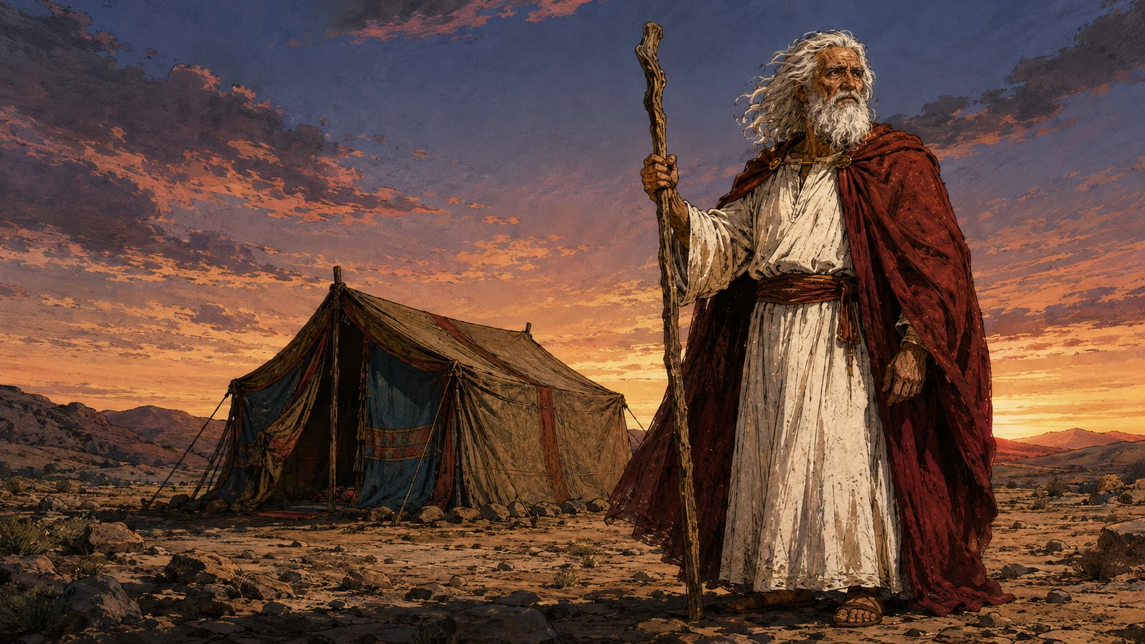 An older Moses standing near an illustrative wilderness tent under an open evening sky.