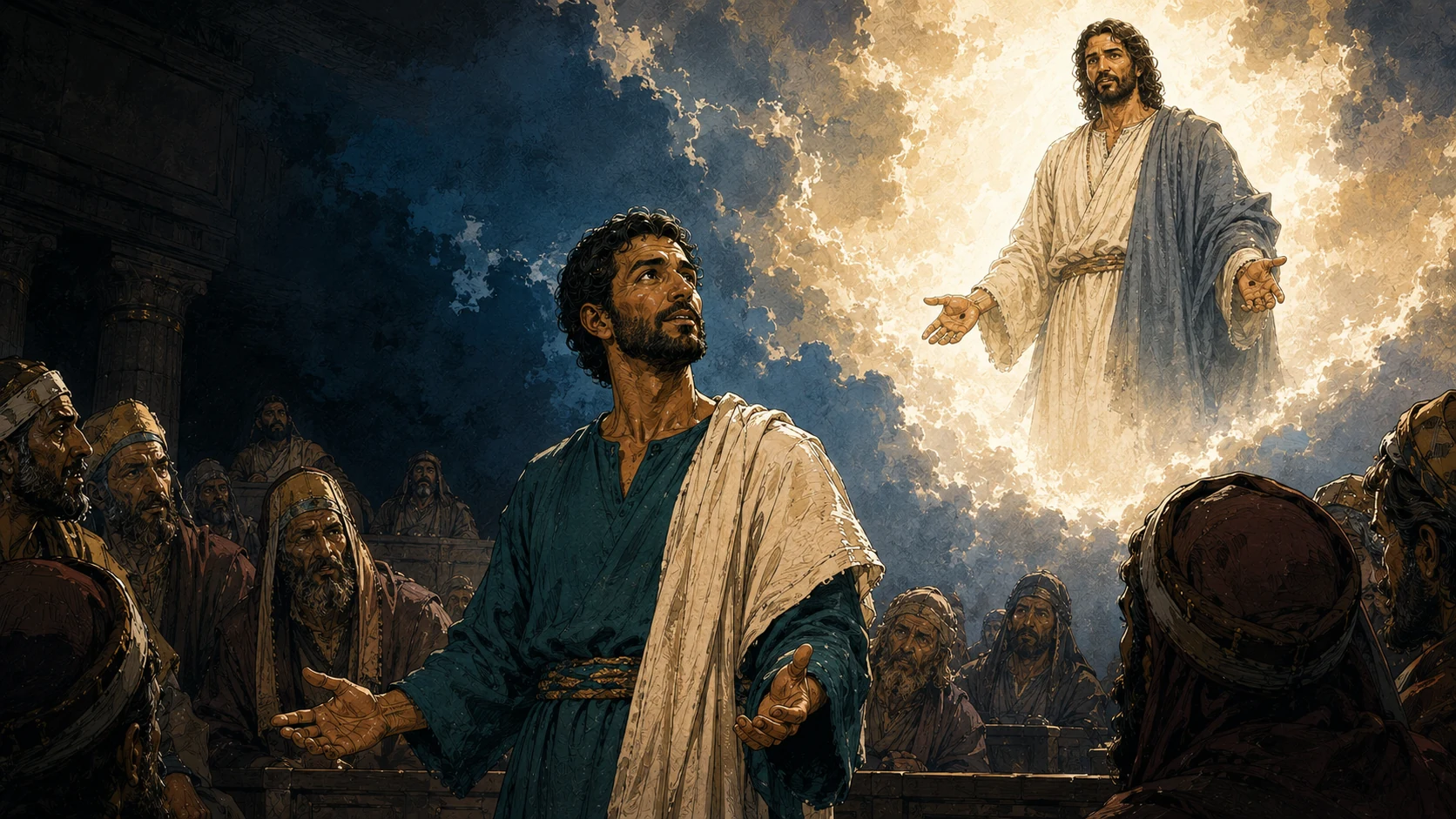 Stephen looking upward as an interpretive vision shows the risen Jesus standing beside bright glory.