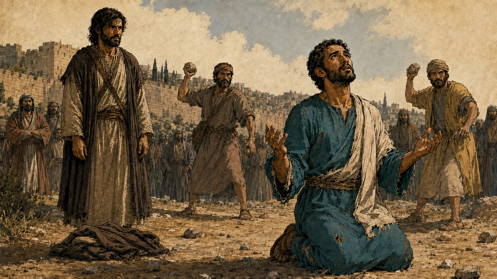 Stephen kneeling in prayer outside the city, with witnesses holding stones and Saul standing beside garments at his feet.