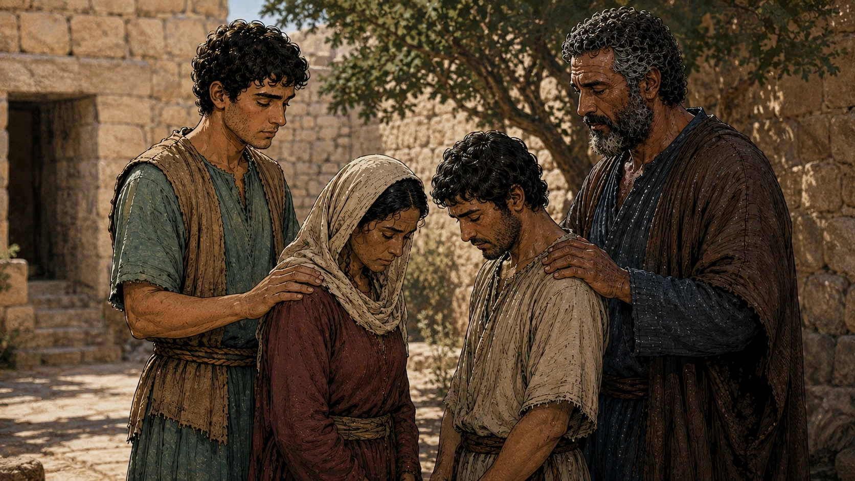 Peter and John laying hands on two believers' shoulders in prayer.