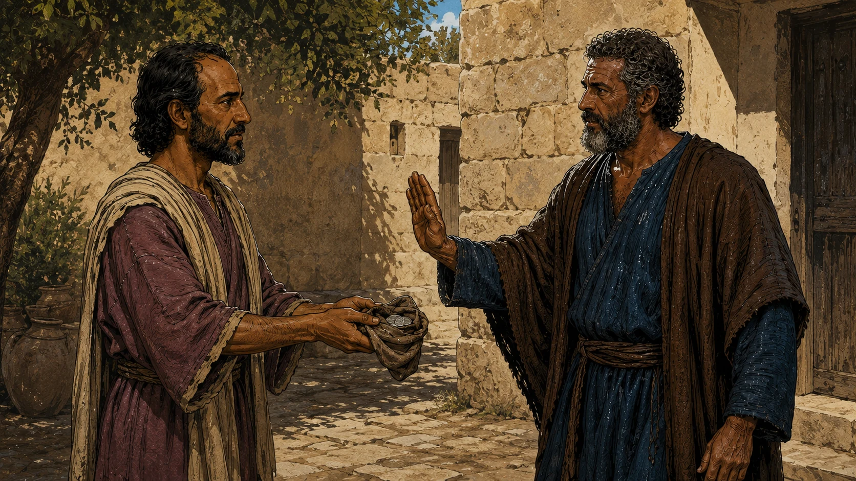 Peter refusing a purse of silver offered by Simon.