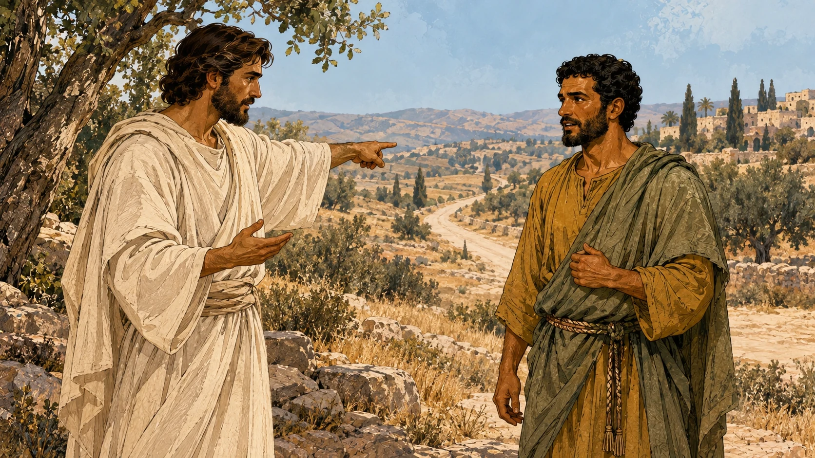 An ivory-robed messenger directs Philip toward a dry road.