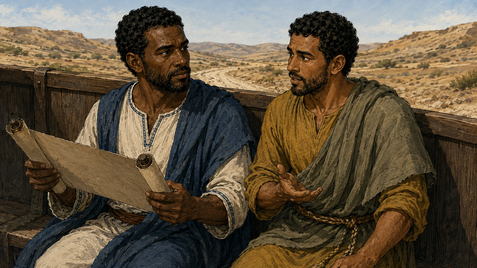 Philip seated beside the Ethiopian official, who holds an open scroll in a wooden vehicle.