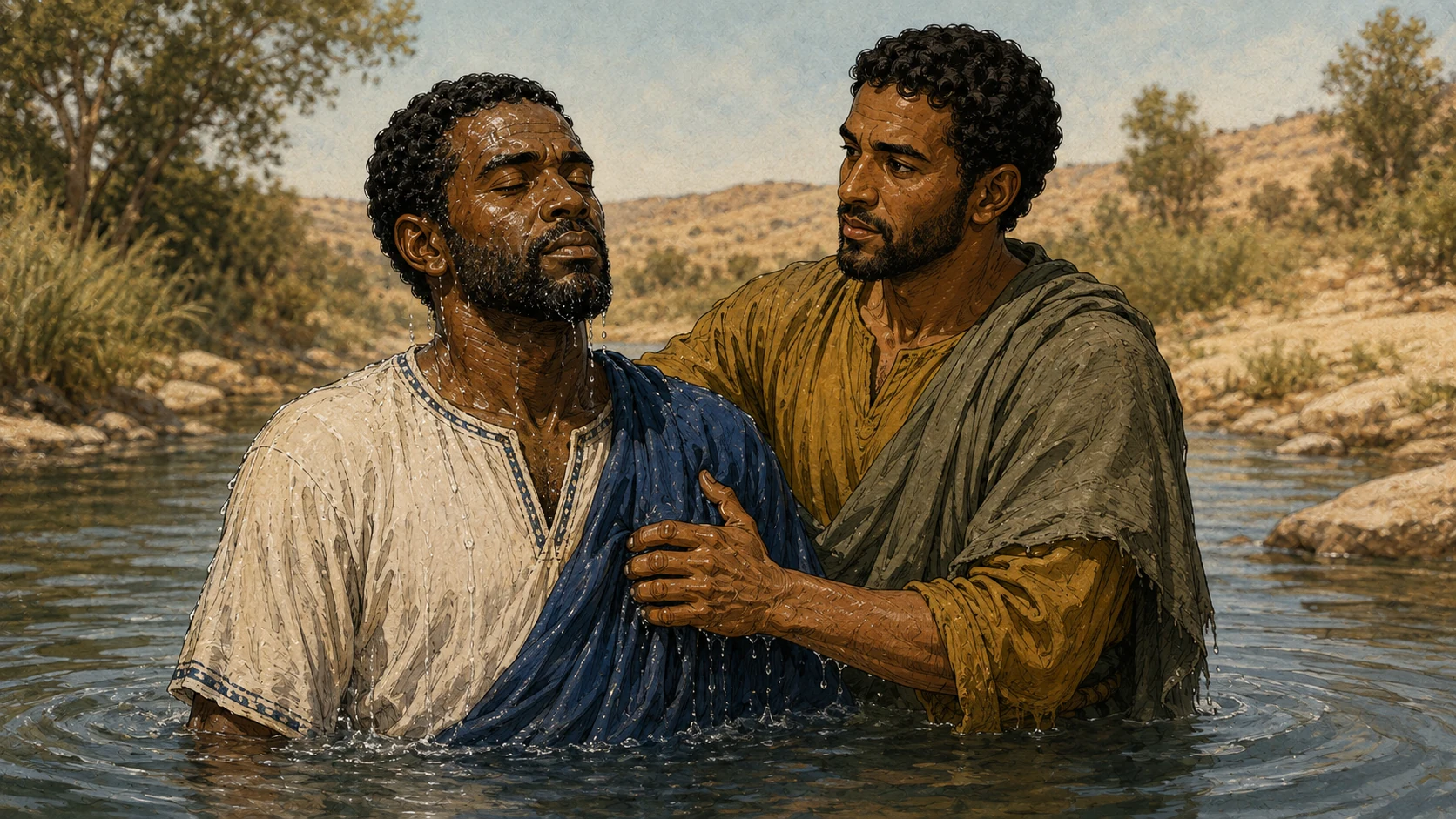 Philip supporting the Ethiopian official as he rises in the water.