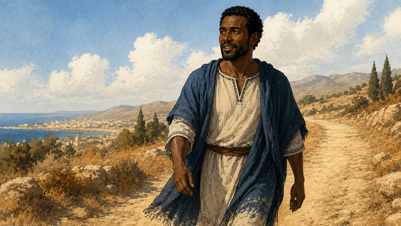 The Ethiopian official walking along an open road with a joyful expression.