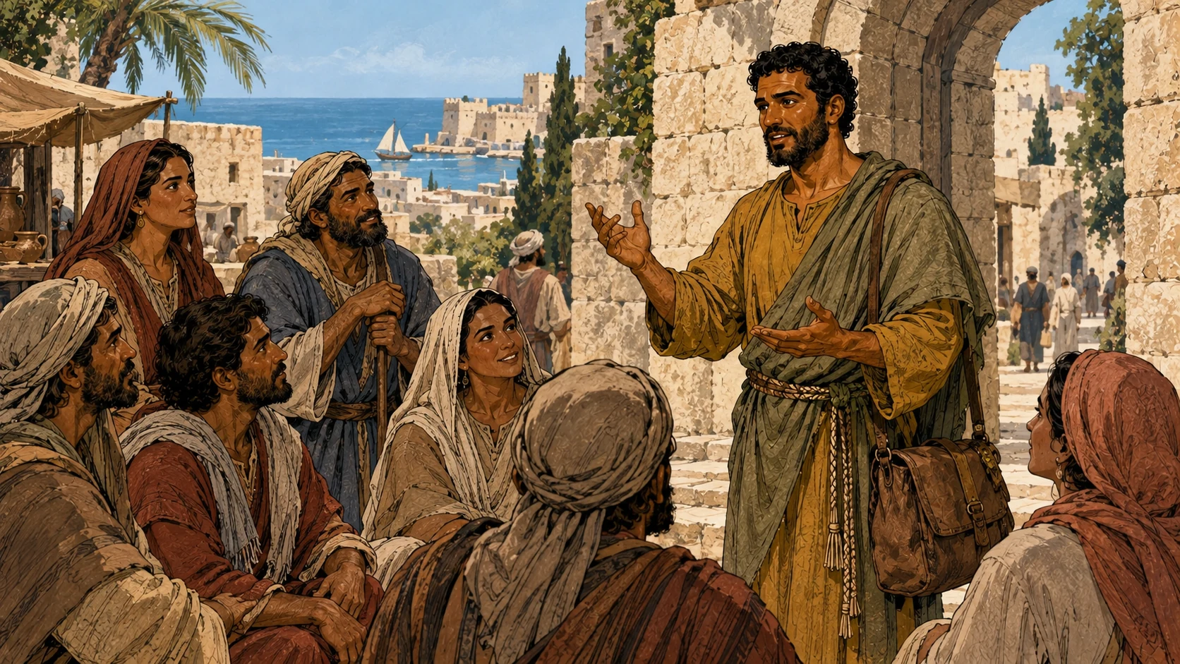 Philip speaks to a group beside a coastal town gateway.
