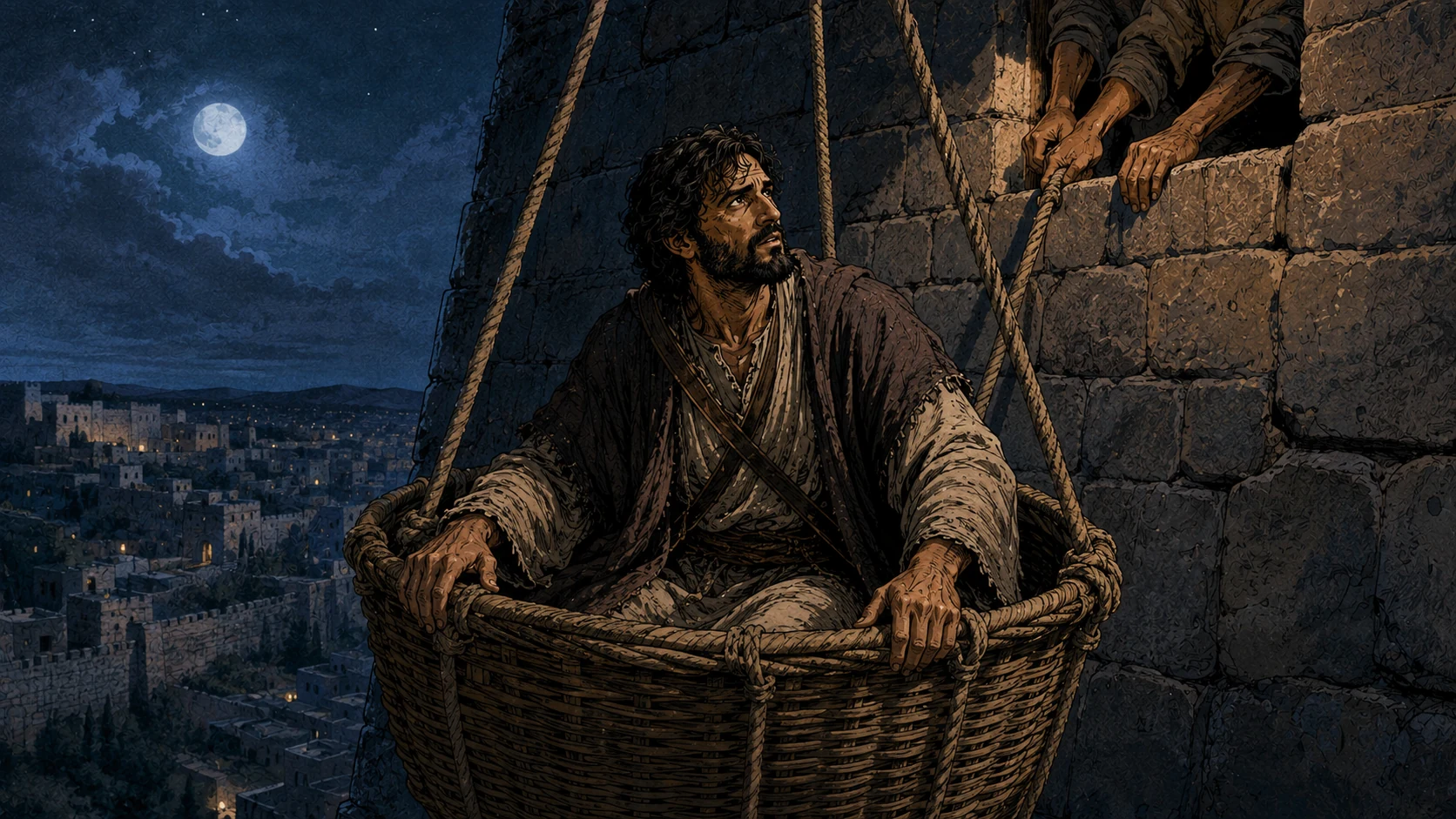 Saul supported in a large basket on taut ropes beside a wall at night.