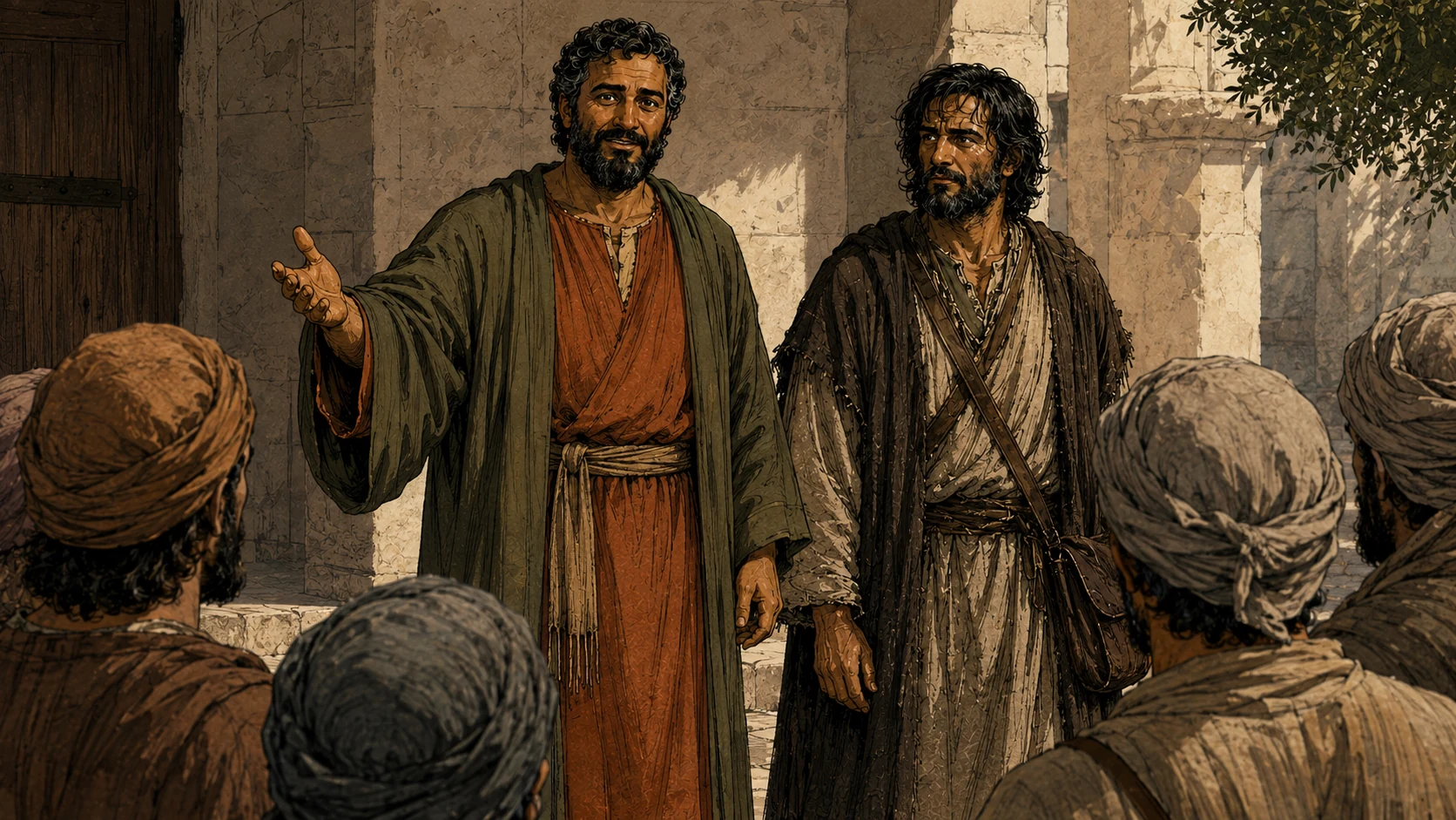 Barnabas introducing Saul to back-facing listeners.