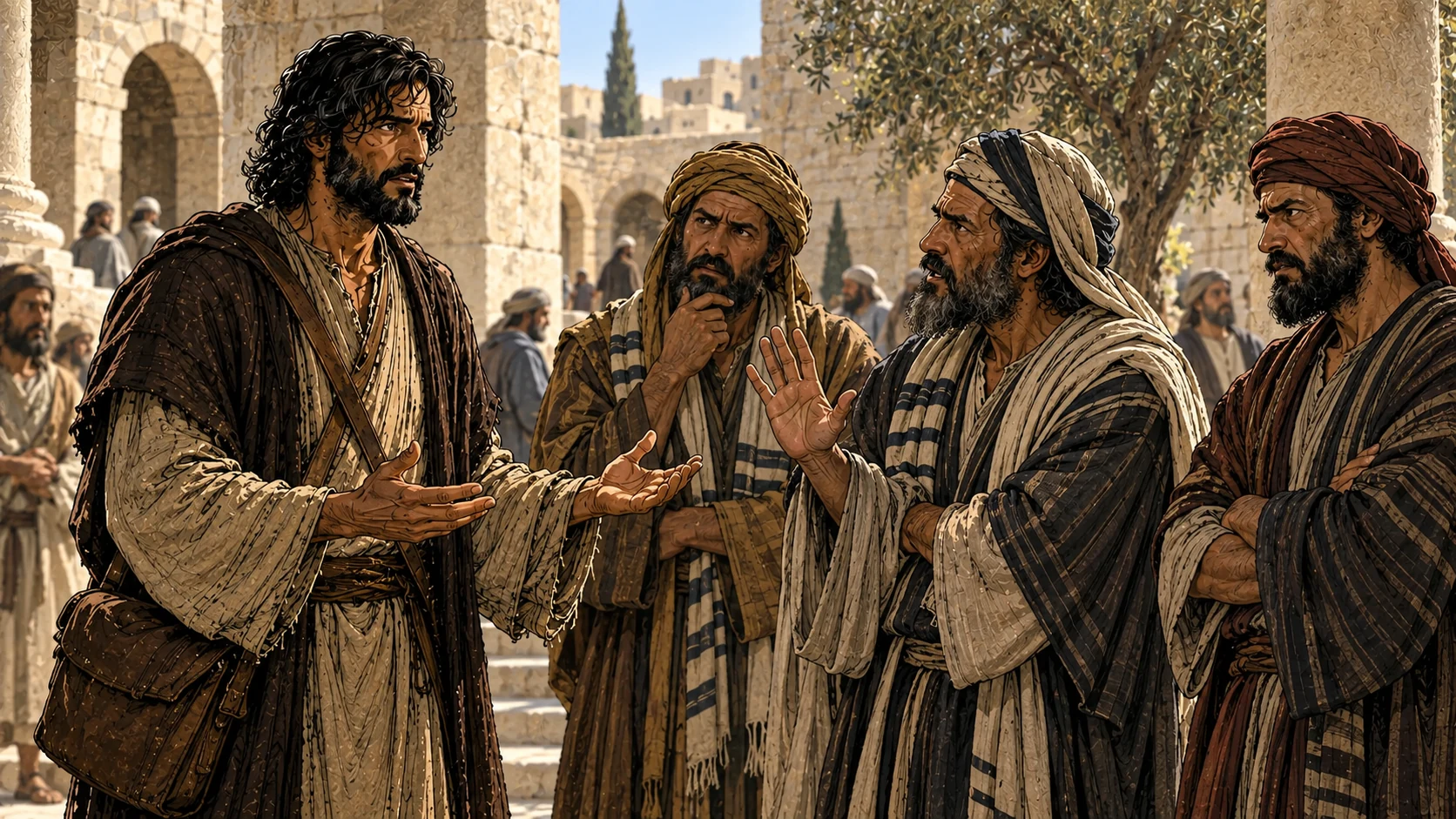 Saul debates with men in a Jerusalem courtyard.