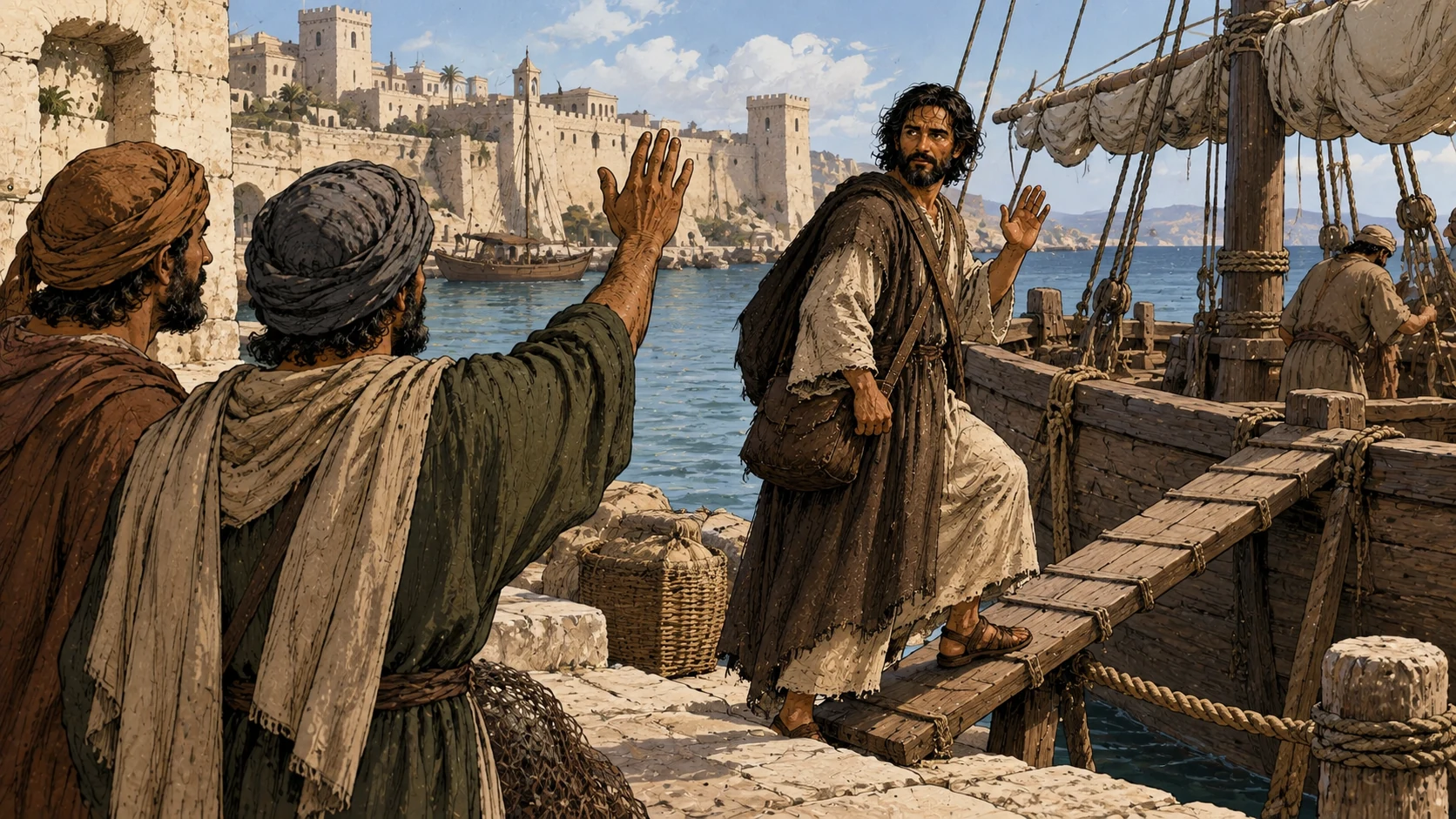Believers farewell Saul beside a vessel at Caesarea.