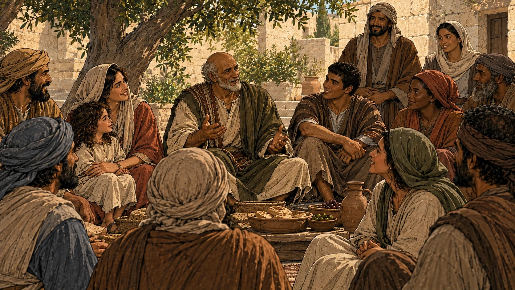 Believers gather peacefully in a courtyard beneath a tree.