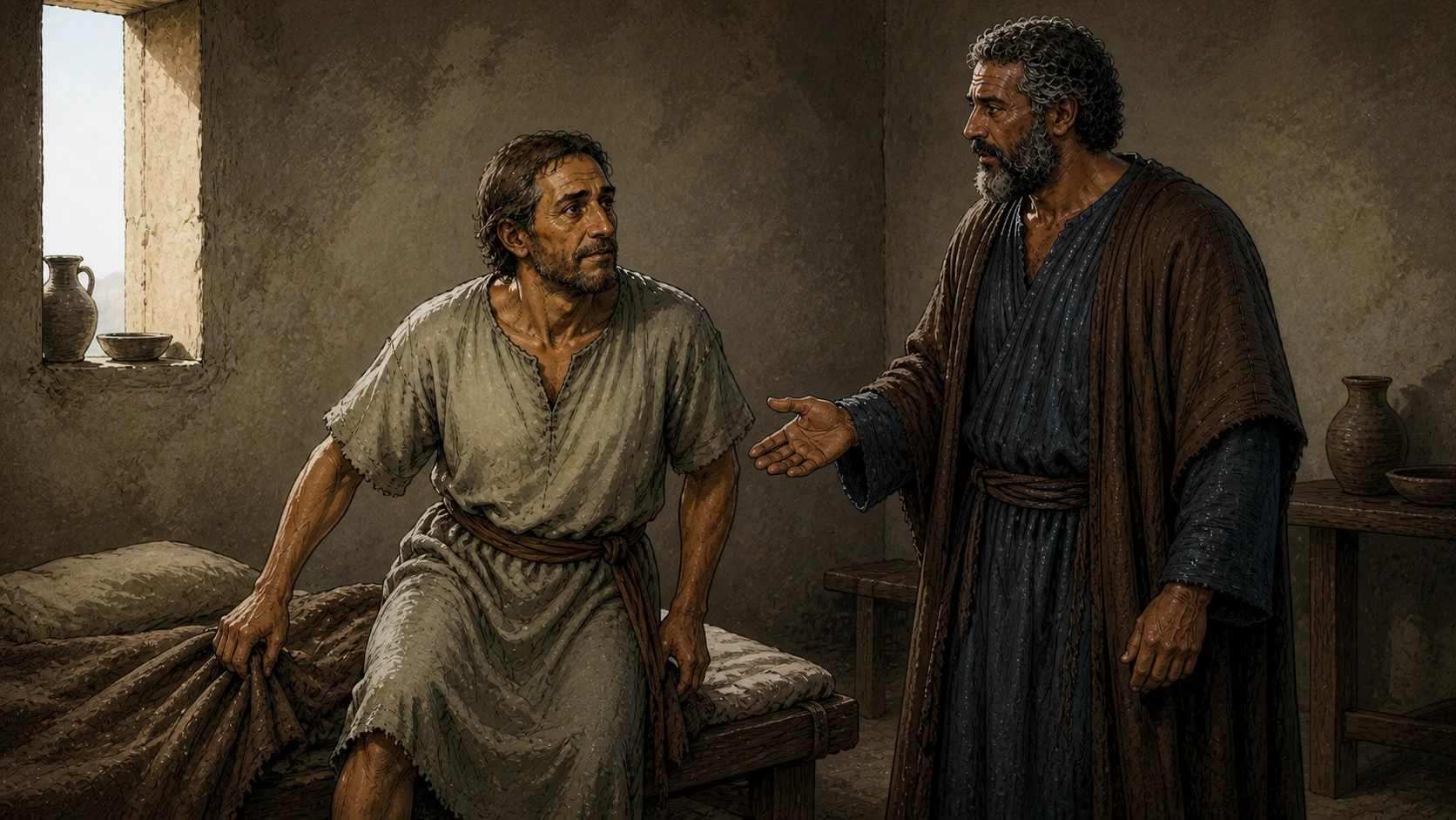 Aeneas rising beside a bed while Peter speaks to him.