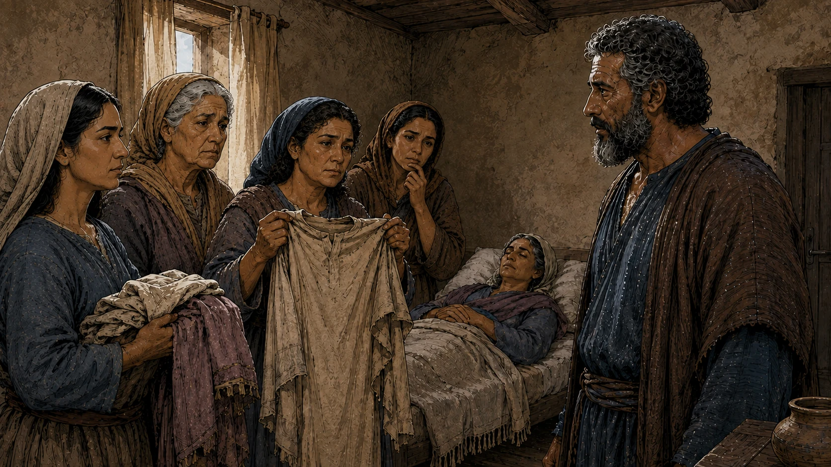 Widows showing garments to Peter beside Tabitha's bed.