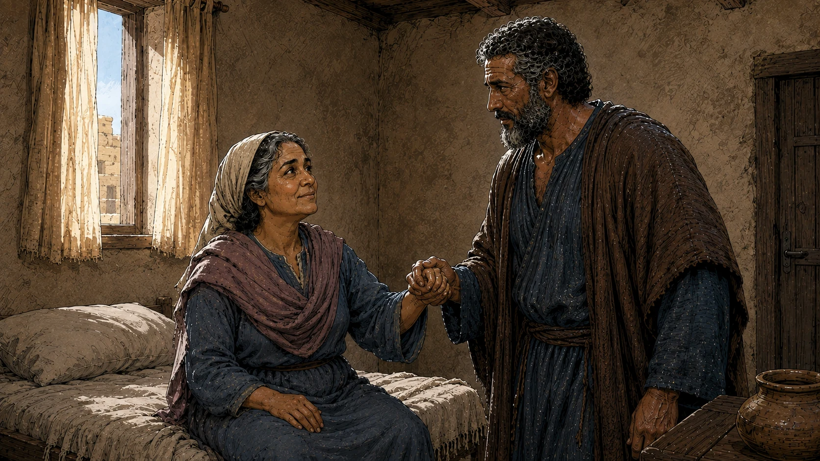 Tabitha sitting up and holding Peter's hand in the same room.