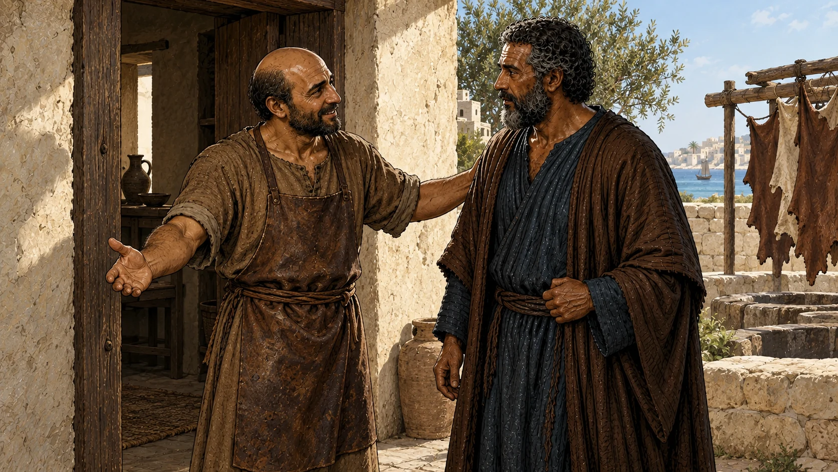 Peter is welcomed at a coastal house beside hanging leather hides.