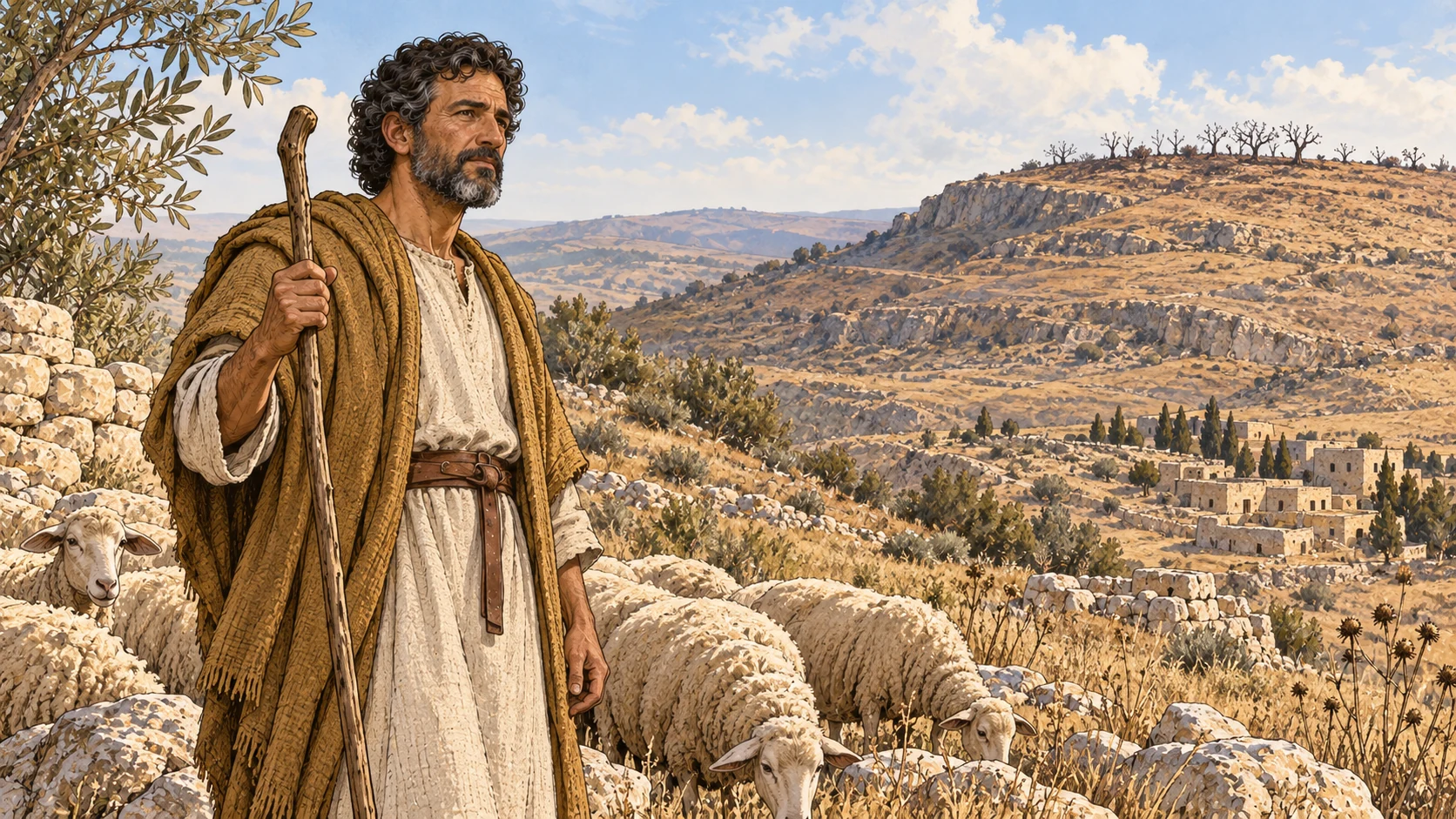 Amos stands with sheep among dry hills beneath a pale sky.