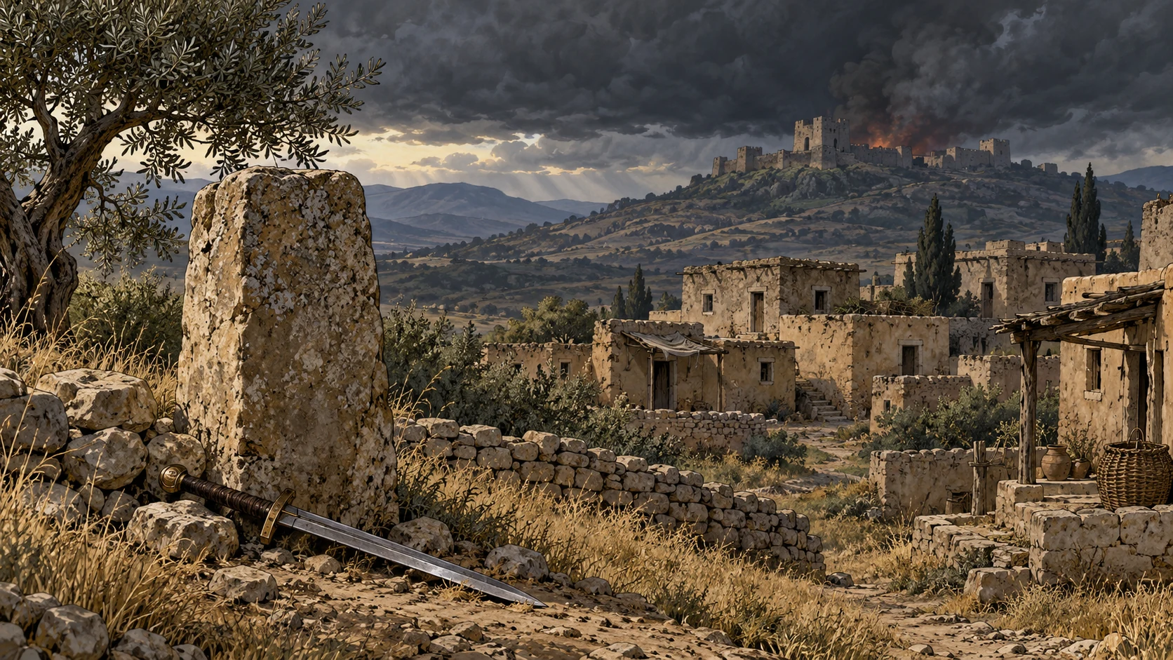 An abandoned sword rests by a boundary stone near empty homes and a distant smoky citadel.