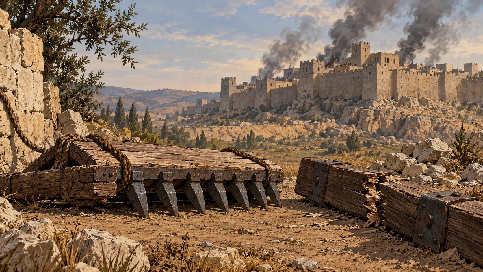 An iron-toothed wooden sledge and broken gate bar lie before a smoky citadel.