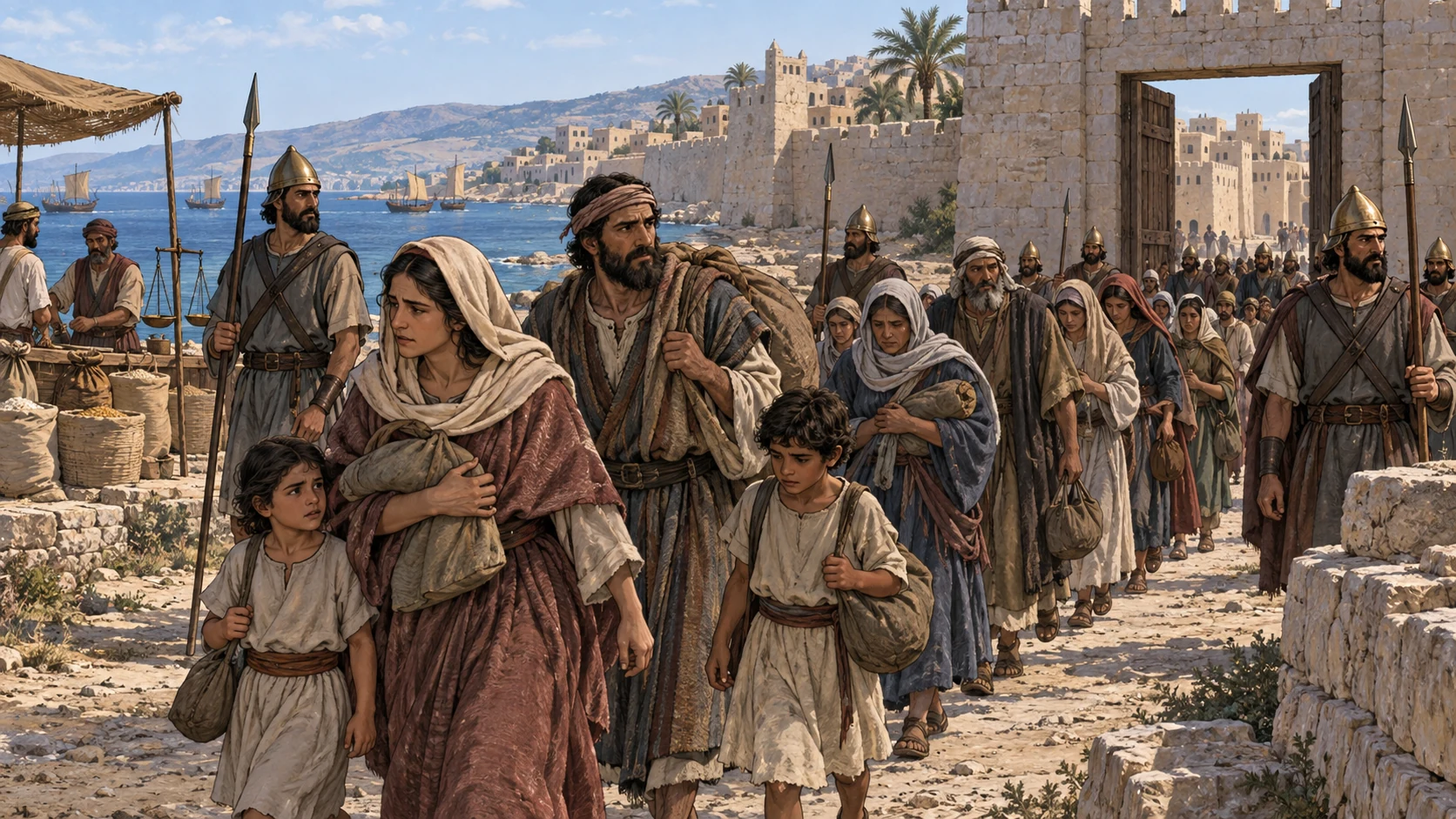 Clothed families carrying bundles leave a coastal gate under spear-bearing escorts.