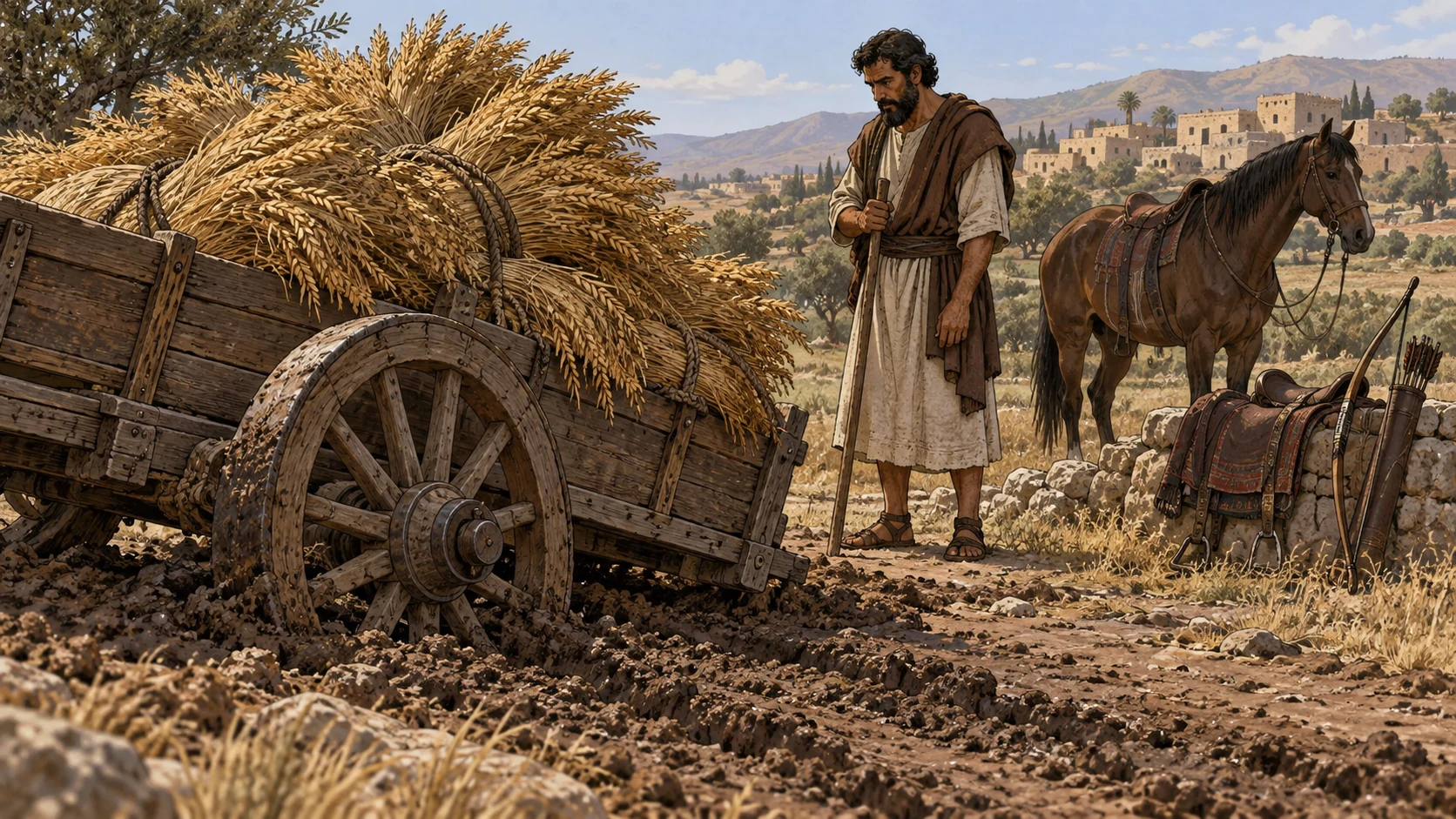 A grain-laden cart sinks into earth near an unused bow and saddled horse.