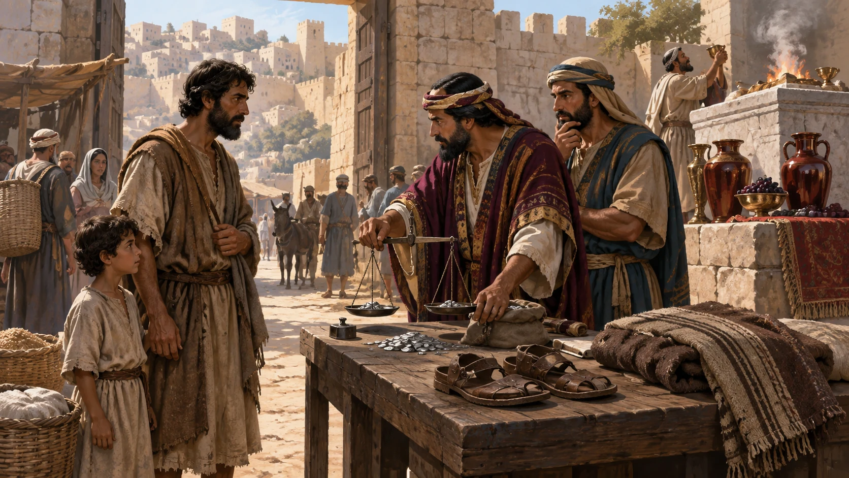 A poor household faces merchants beside silver, sandals, a pledged cloak, and wine vessels.