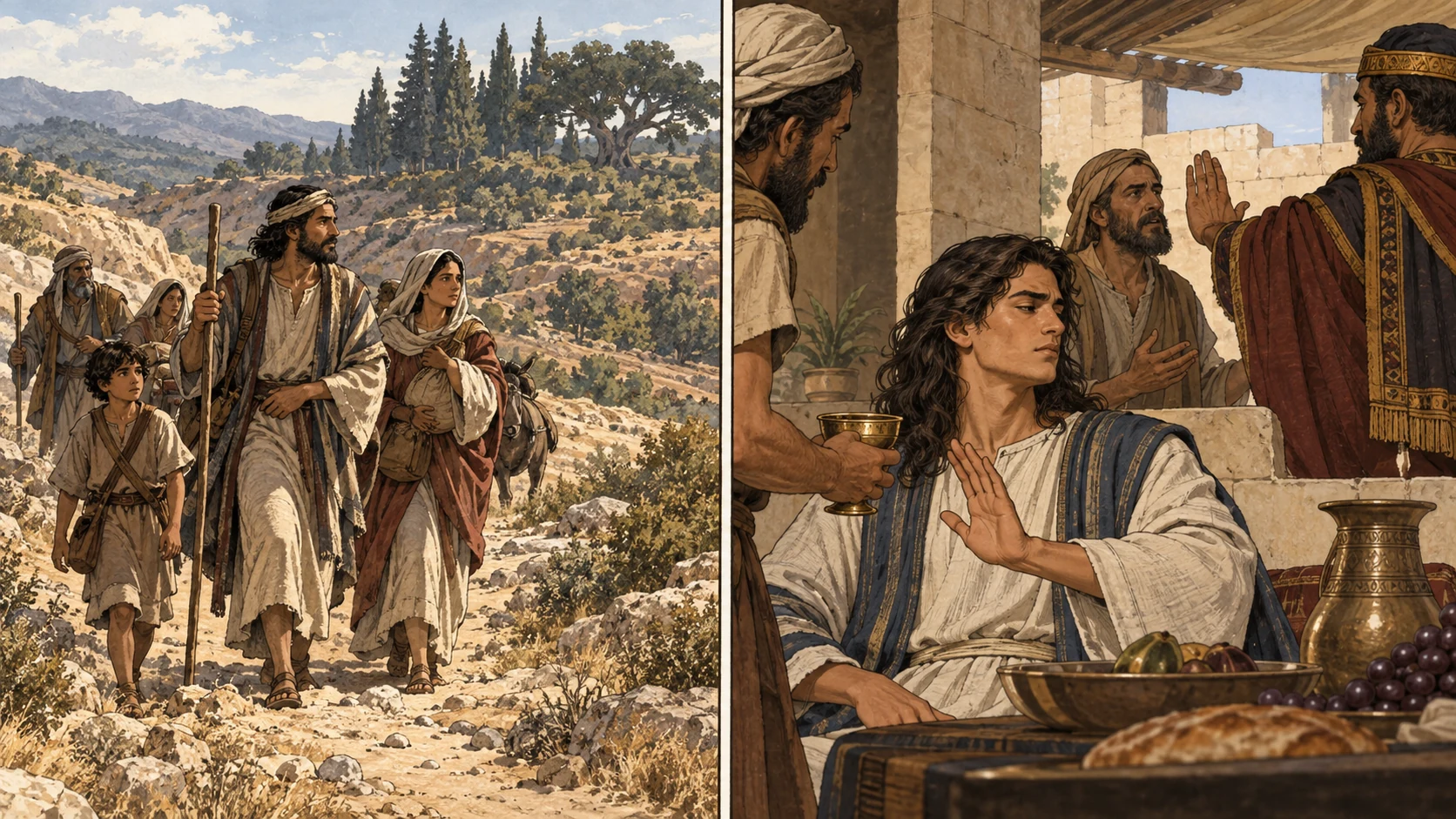 Separate views show wilderness travelers and a young man declining wine beside a blocked speaker.