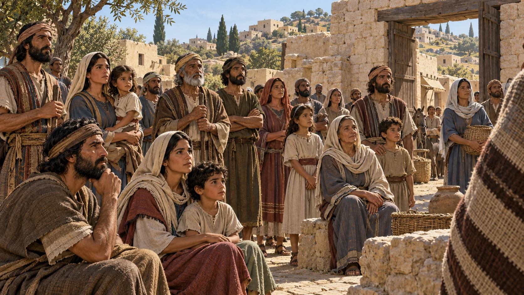 Ordinary households gather soberly outside a modest city gate.