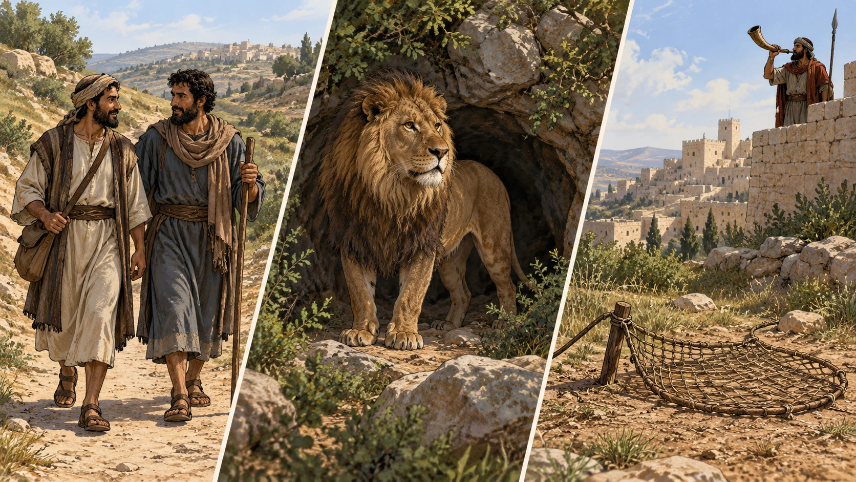 Separate views show walking travelers, a lion near its den, and a snare near a distant watchman.