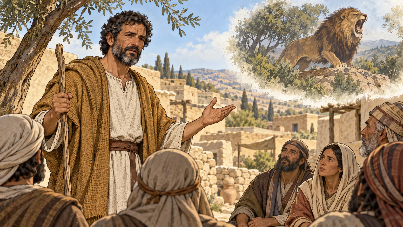 Amos addresses listeners beside a separated vignette of a roaring lion.