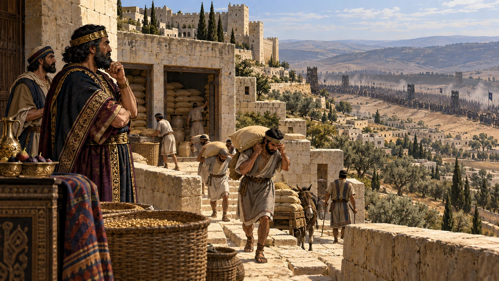 A fortified hill city holds affluent storerooms above workers carrying grain.