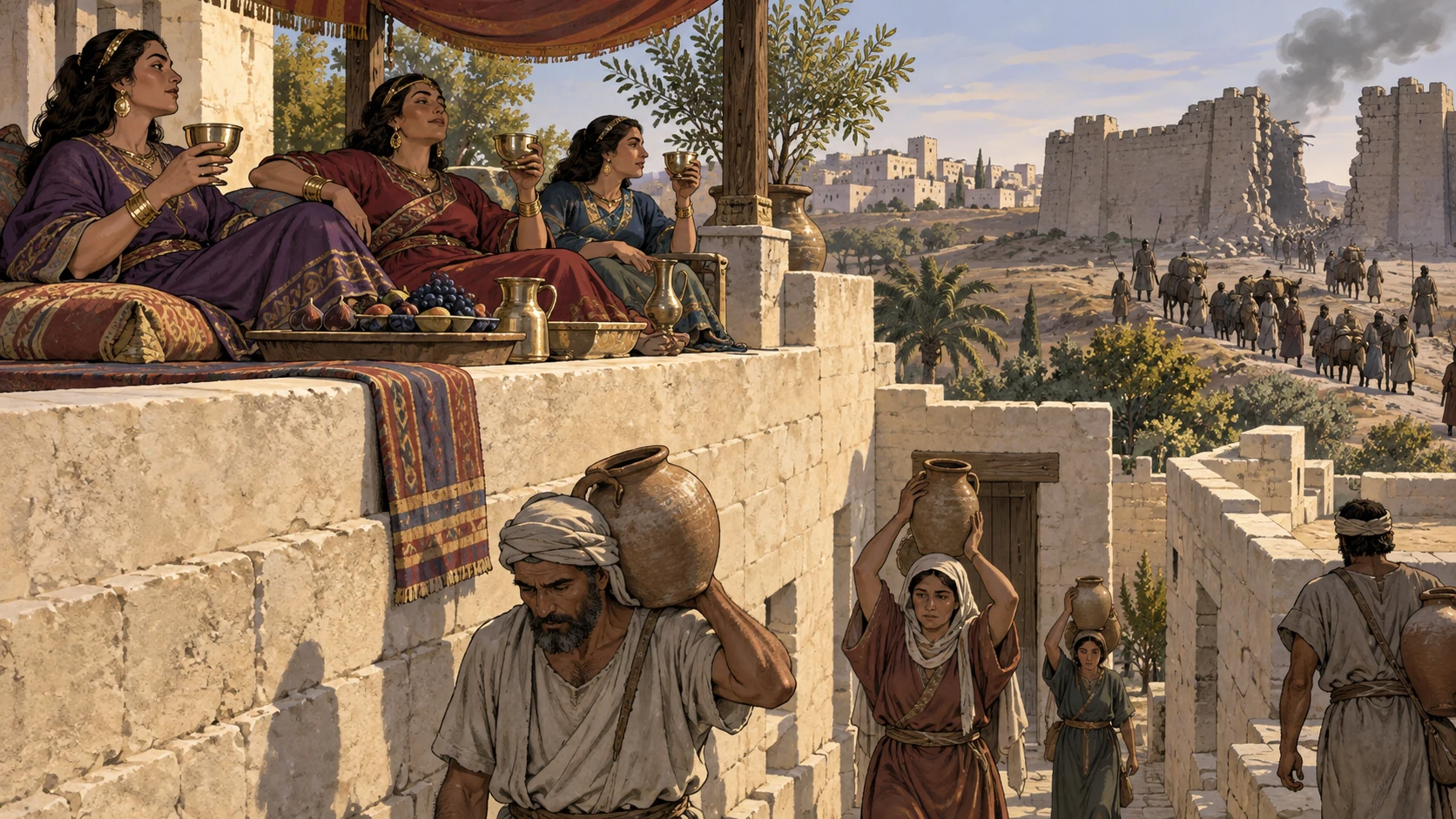 Women sit with drinking bowls on a terrace above adults carrying water.