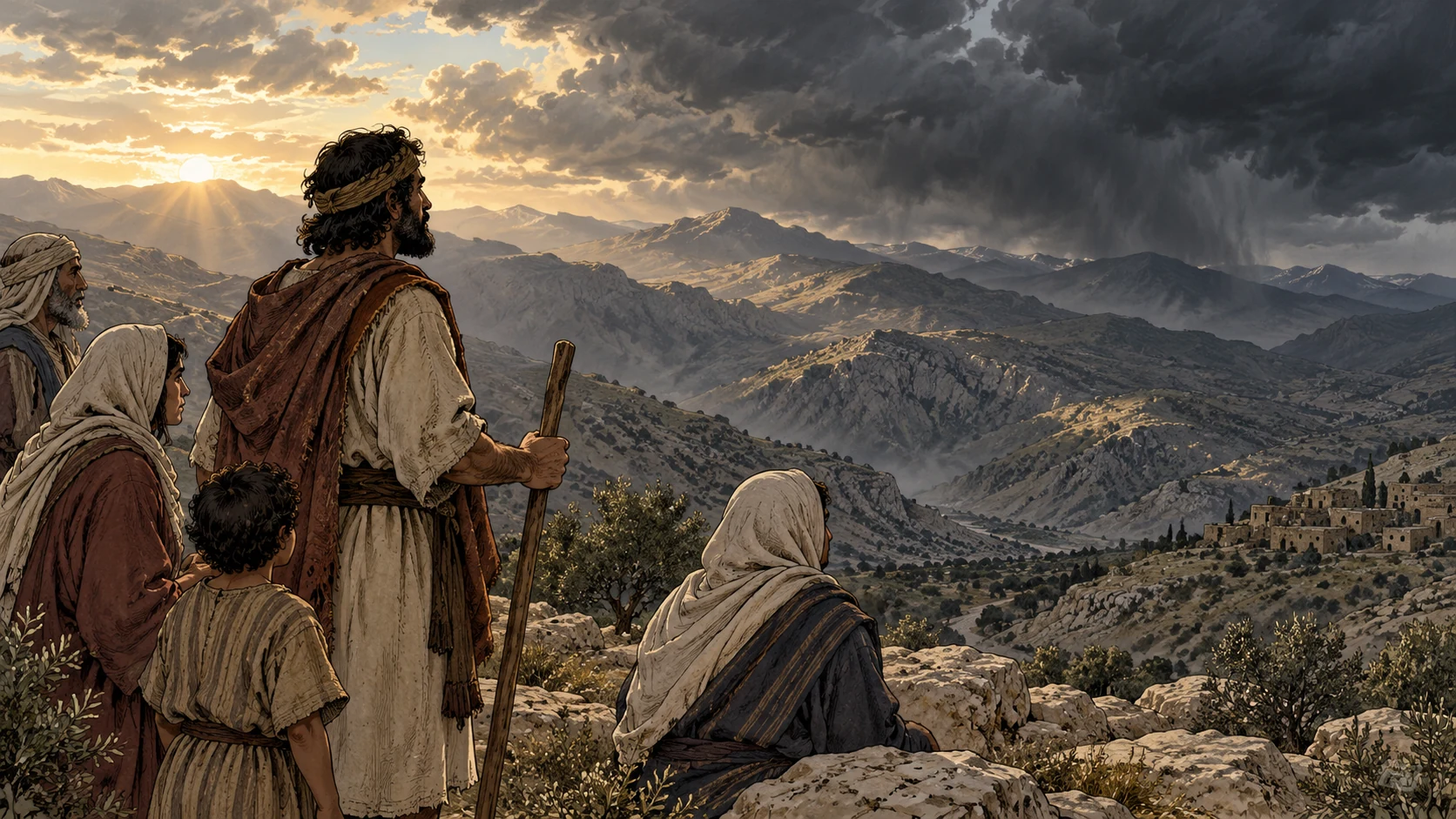 A fully clothed community faces mountains, wind and a dark dawn, illustrating the chapter’s poetic description of the Creator.