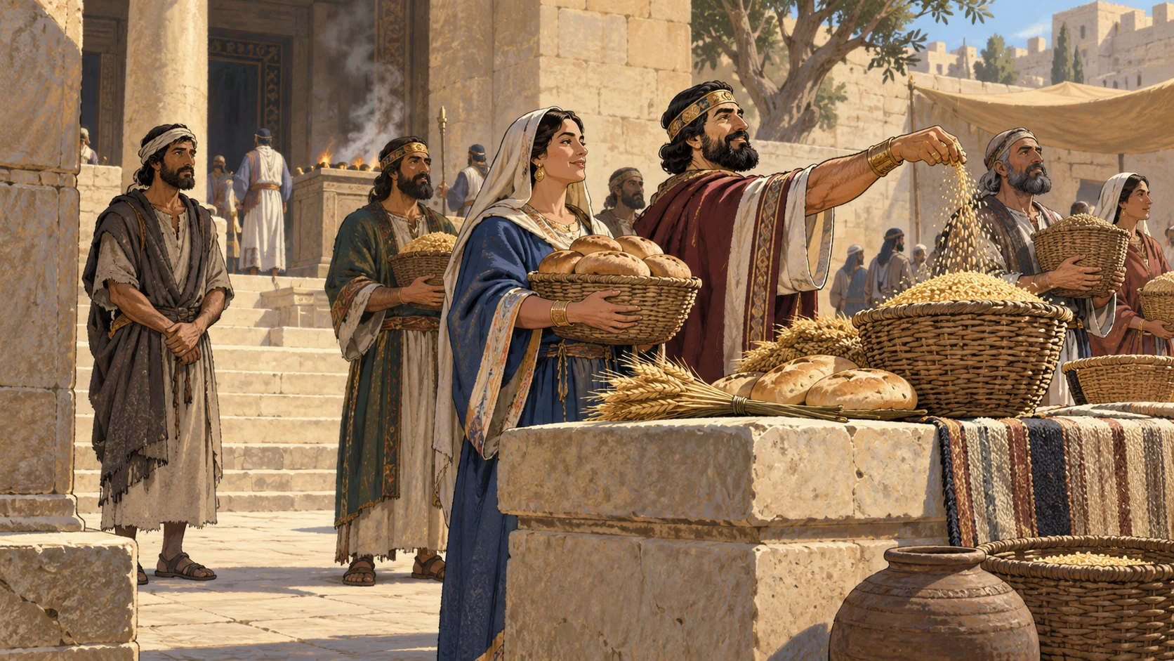 Donors display bread and grain baskets in an ancient sanctuary courtyard.
