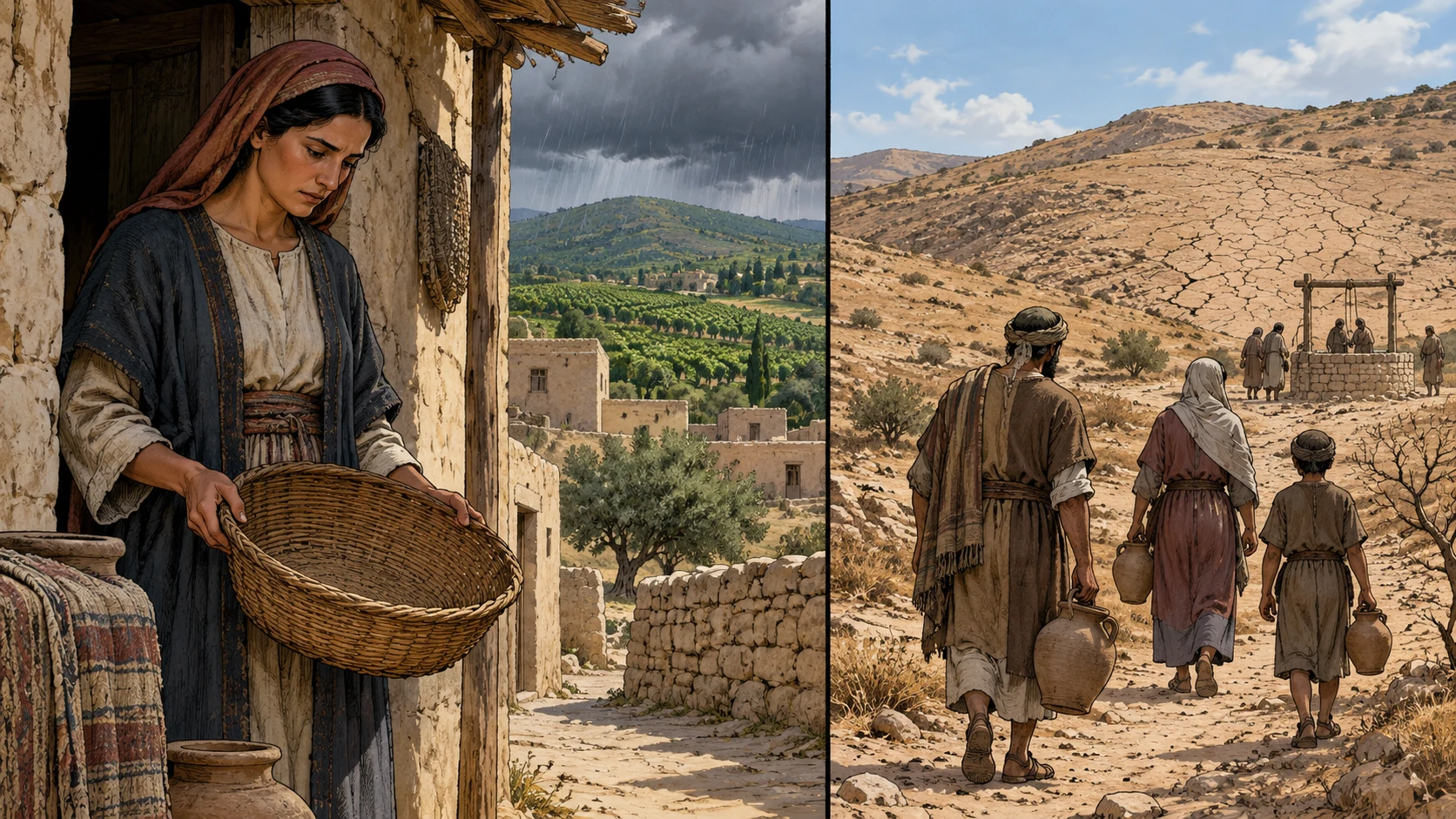 An empty bread basket and contrasting wet and dry fields accompany travelers with jars.
