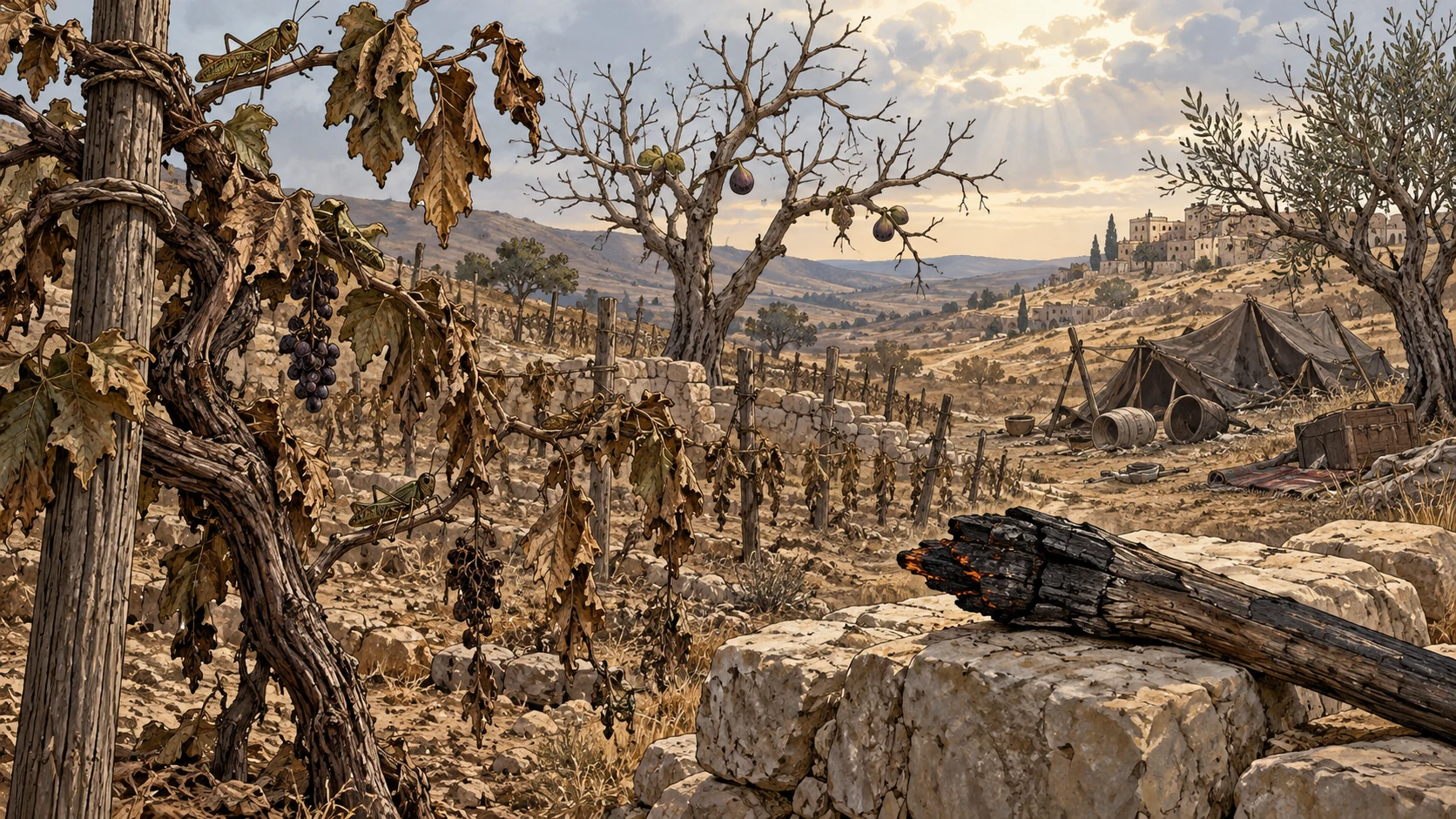 A blighted orchard, locusts, abandoned camp equipment, and a charred brand fill a quiet landscape.