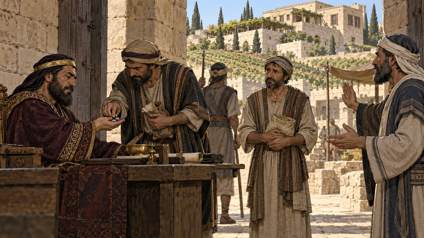 An official receives silver while a farmer waits beside a grain sack.