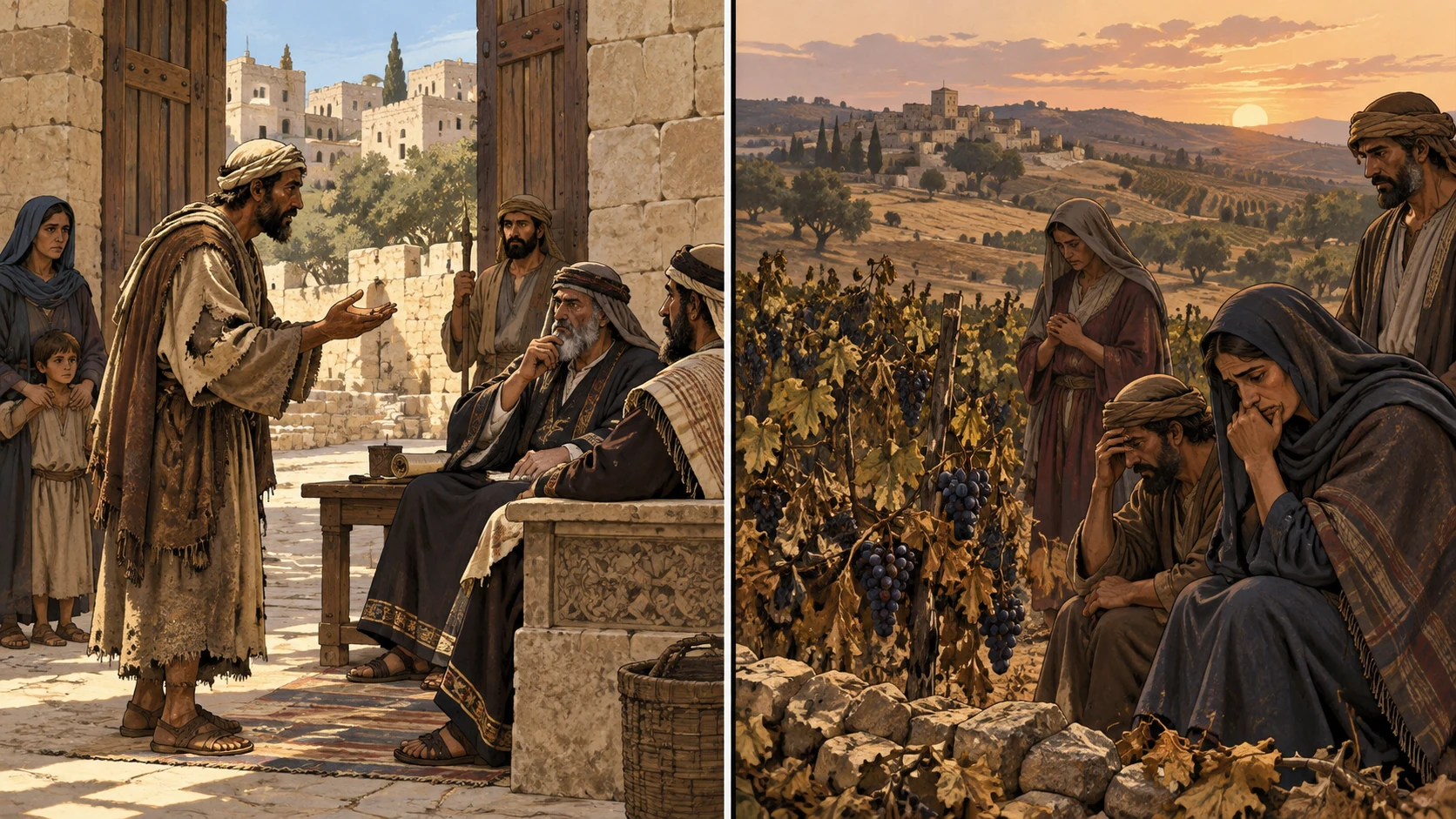 One view shows a petitioner heard at the gate; another shows mourners in a vineyard.