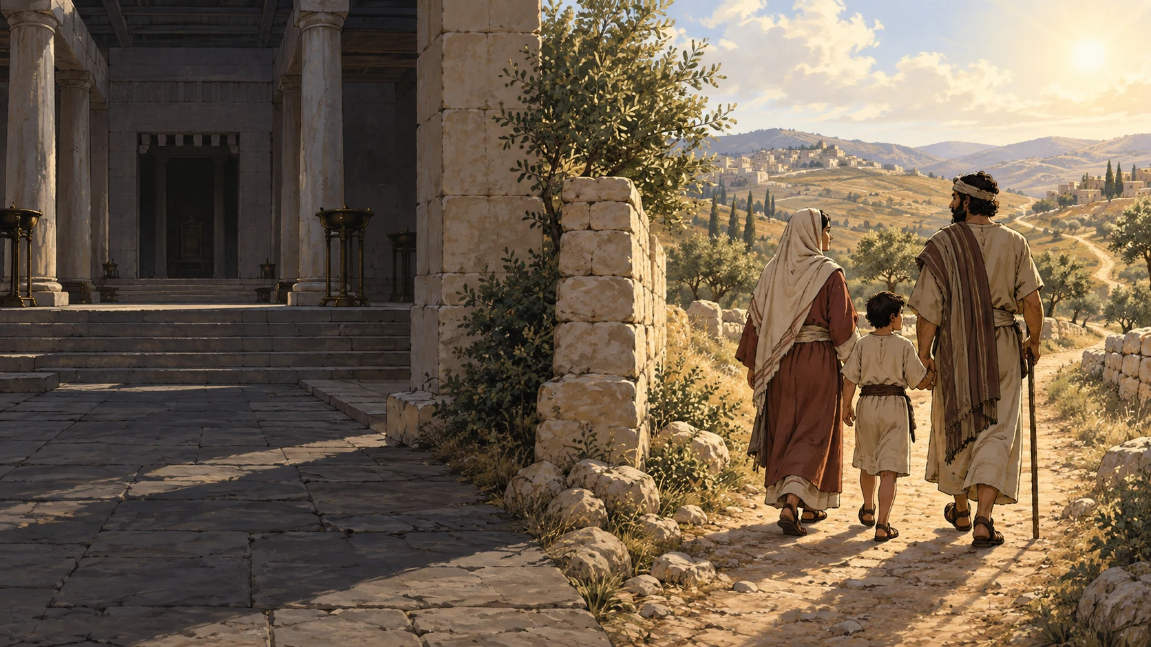 Paths diverge toward a shadowed sanctuary and open sunlit hills.