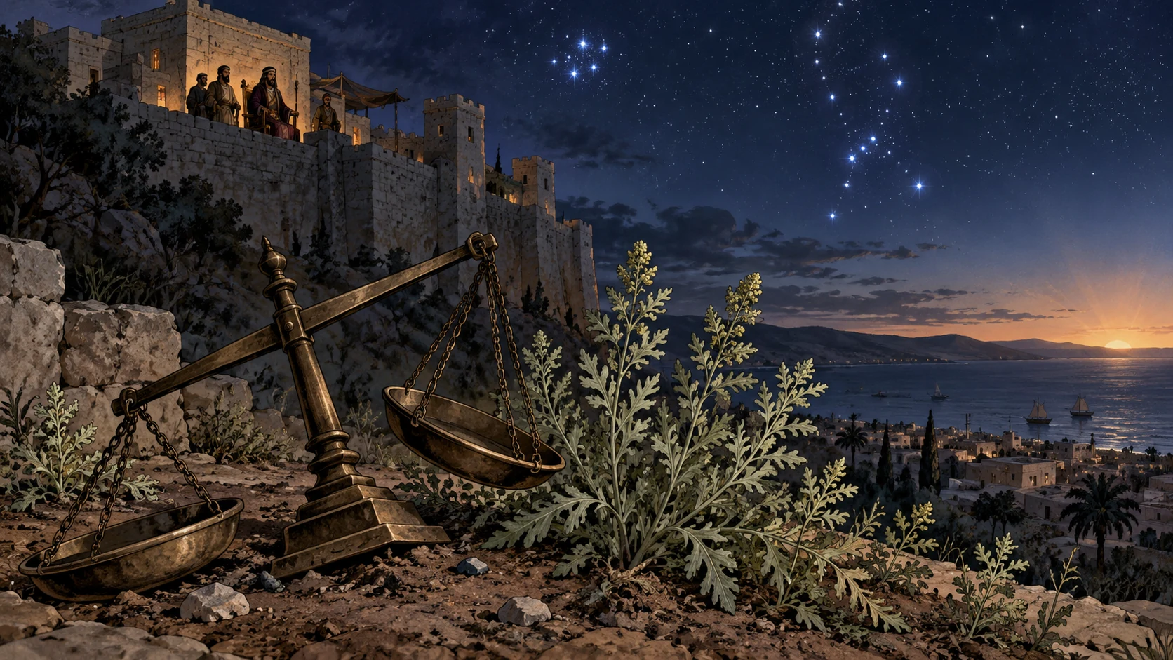 A tipped scale and wormwood stand below stars, sea, and a shadowed fortress.
