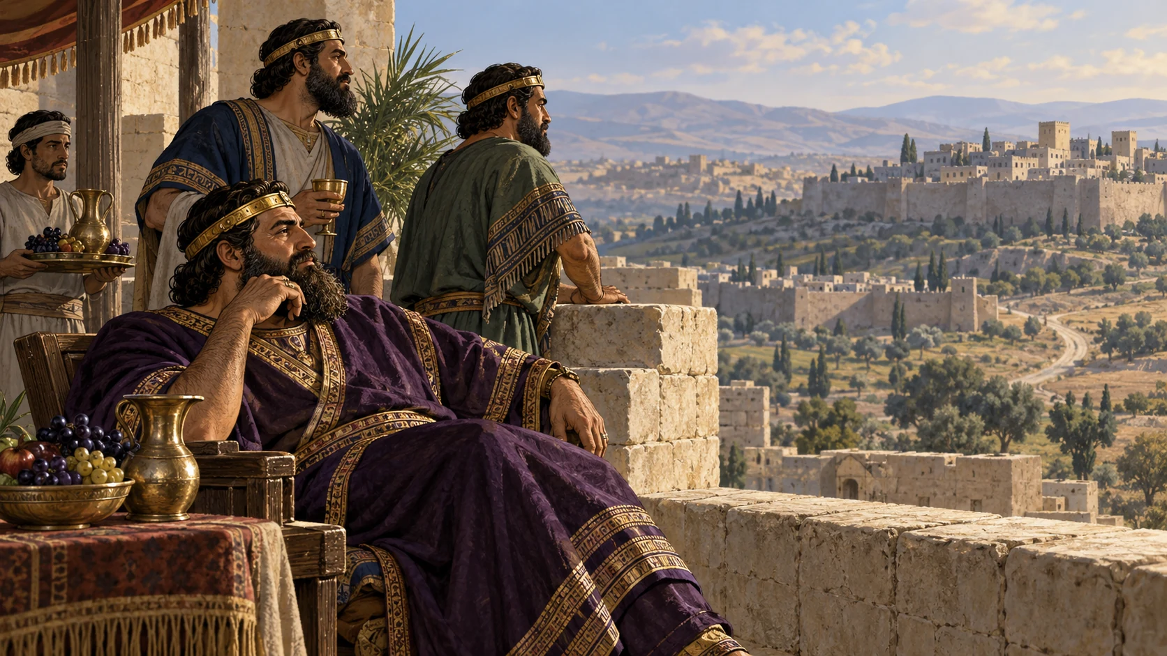 Officials stand on a hilltop parapet above distant towns and roads.
