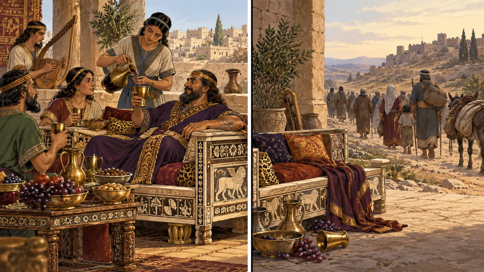 A banquet with an ivory-inlaid couch contrasts with empty furnishings and an exile road.