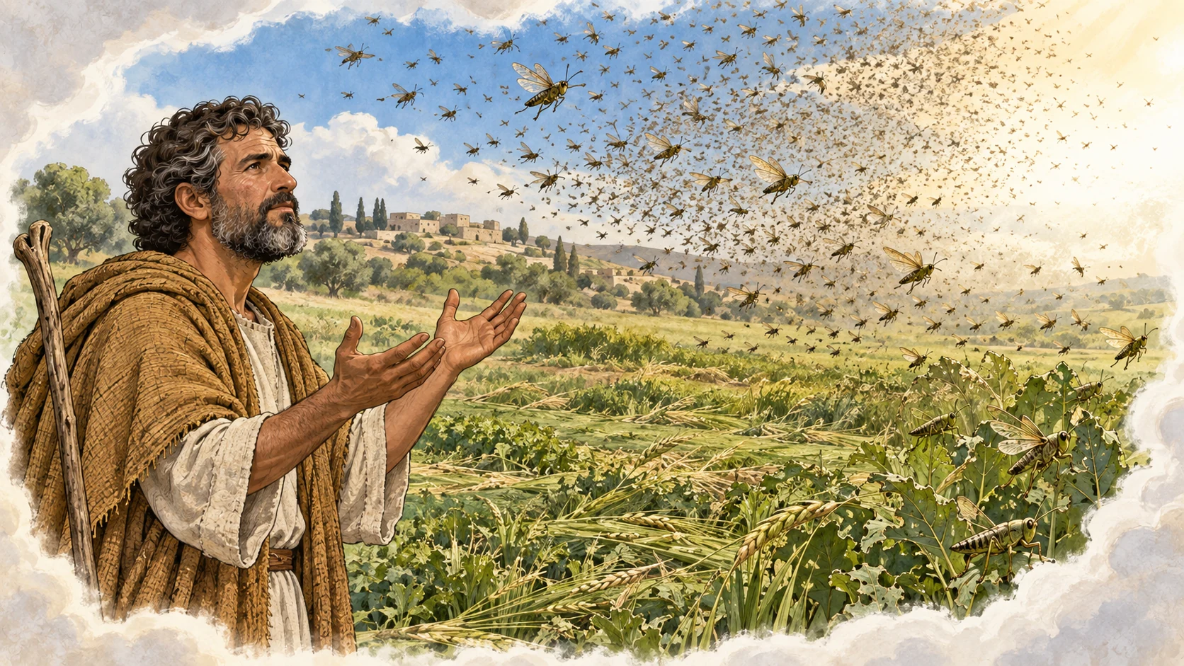 Amos pleads beside a bounded vision of locusts over spring growth.
