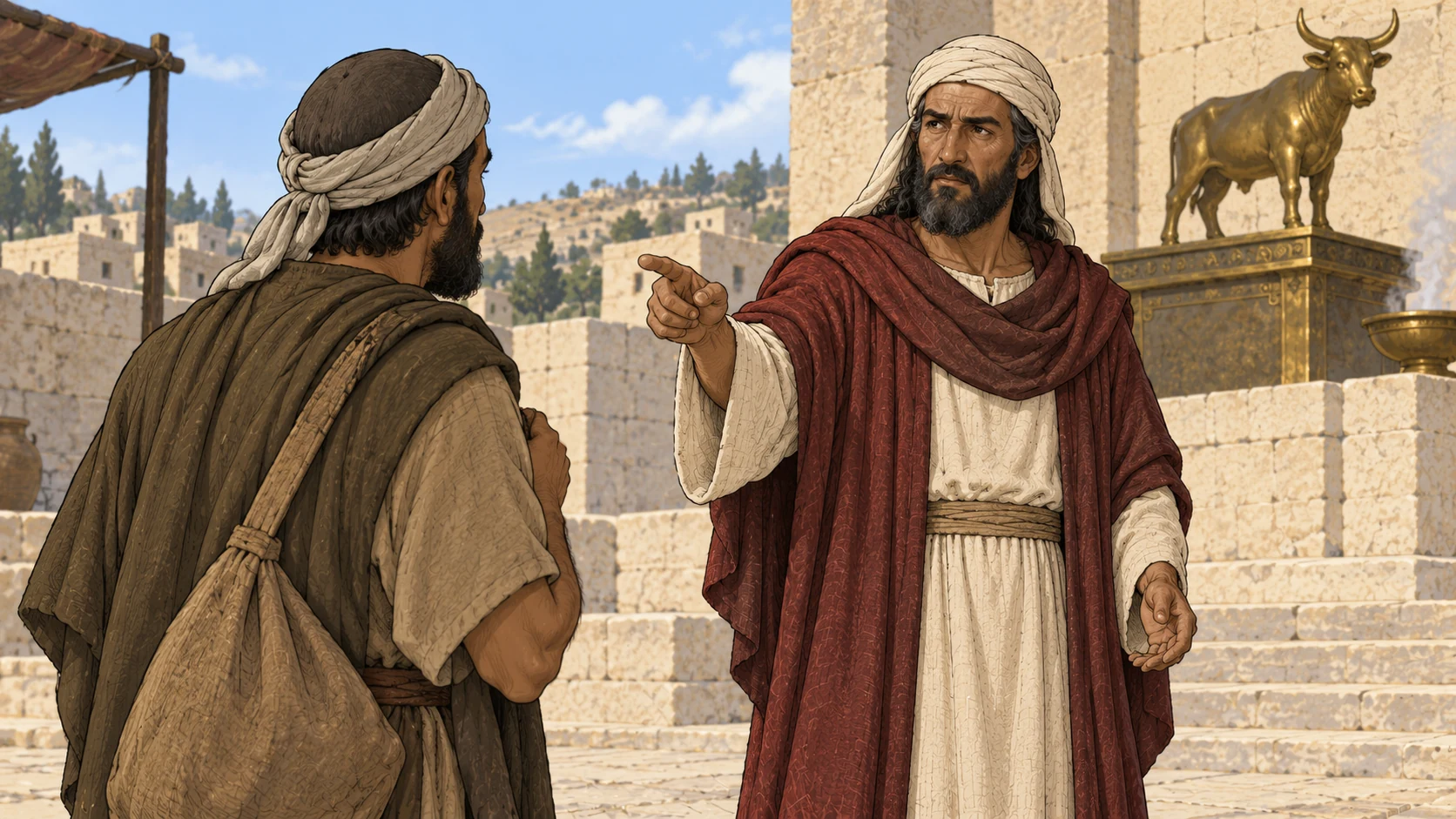 Amaziah speaks with an anonymous messenger in a sanctuary forecourt.