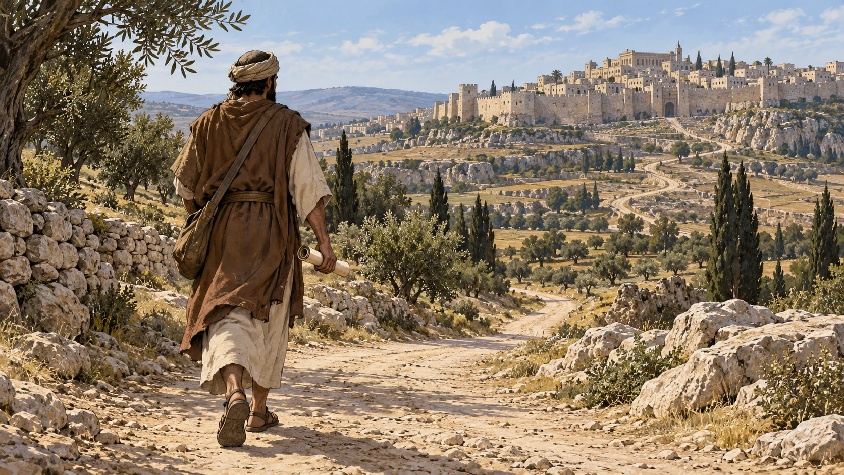 A departed messenger crosses a hill road carrying an unlettered rolled message; the distant royal city remains anonymous.