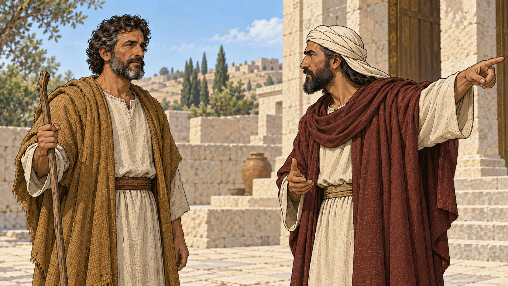 Amaziah gestures toward the road as Amos faces him in a stone forecourt.