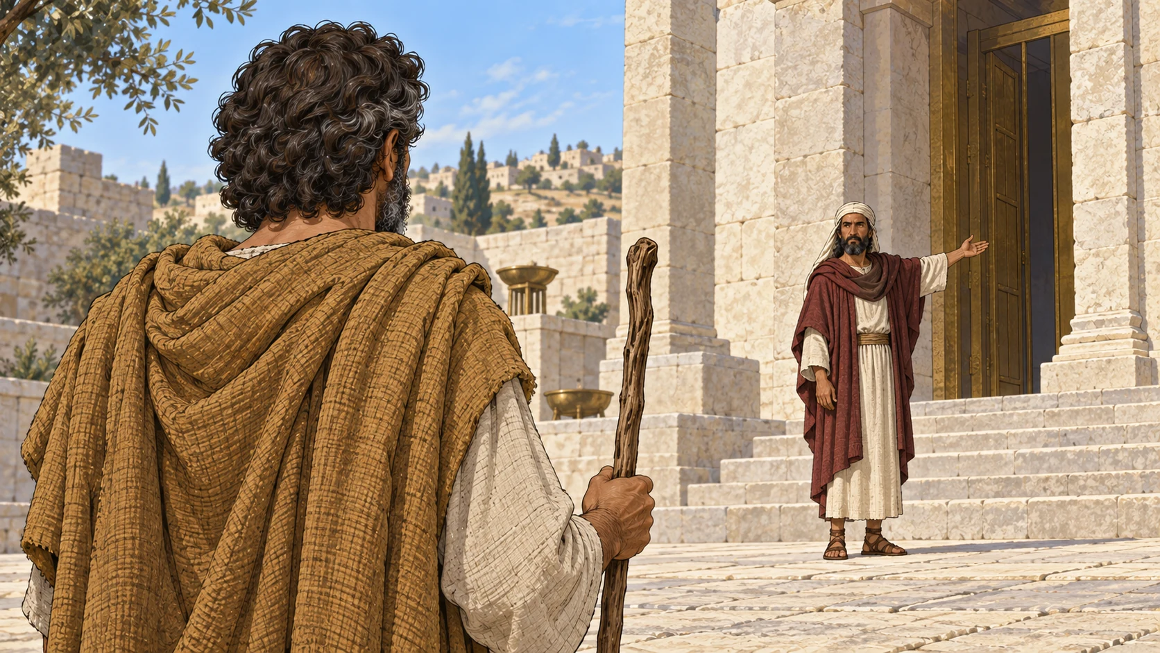 Amaziah indicates the sanctuary entrance while Amos stands farther away in the forecourt.