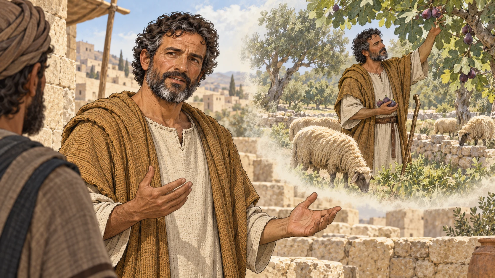 Amos speaks beside a separated memory view of sheep and sycamore figs.