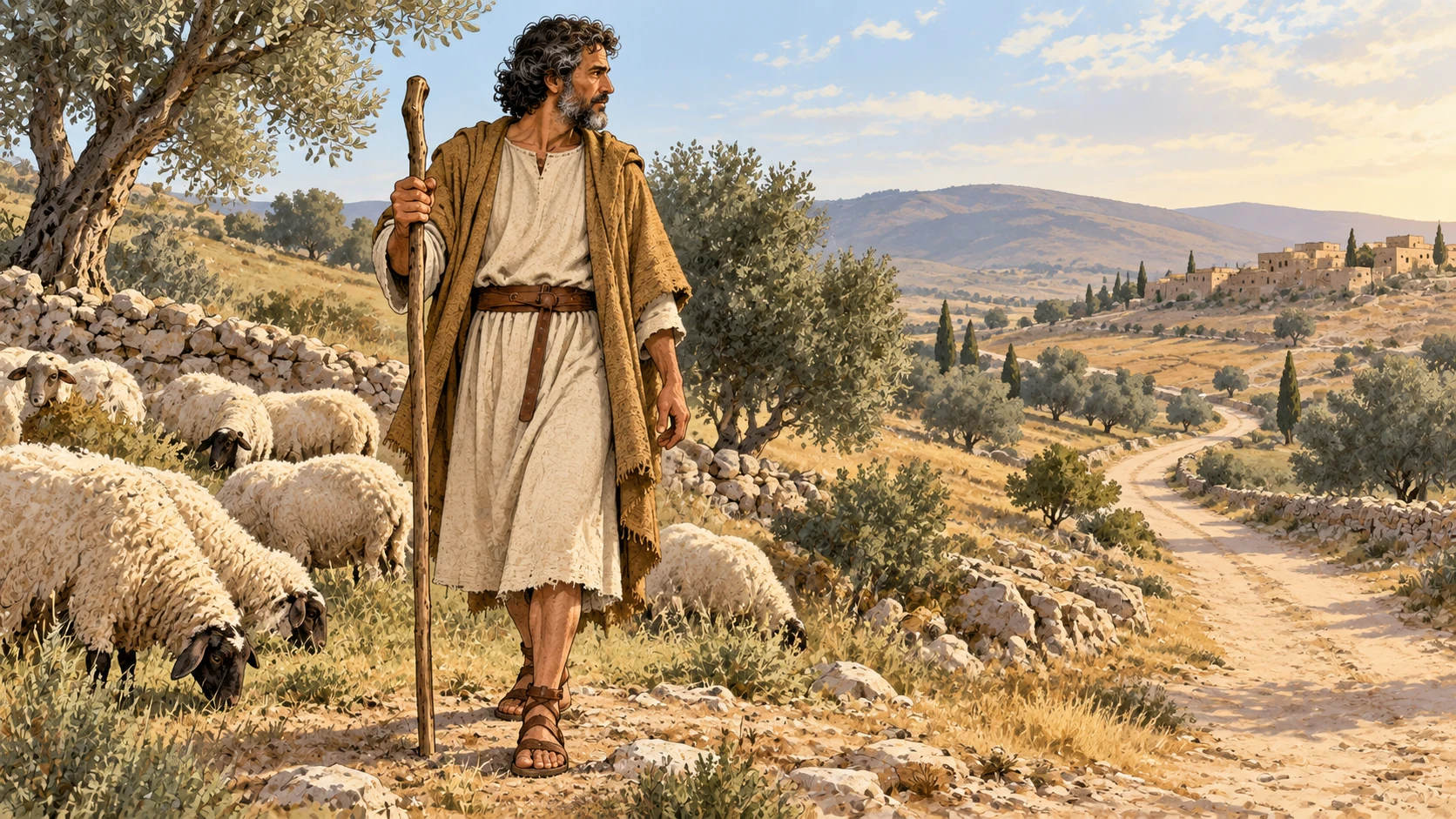 Amos stands among sheep in a plainly separated memory view, facing an open road.