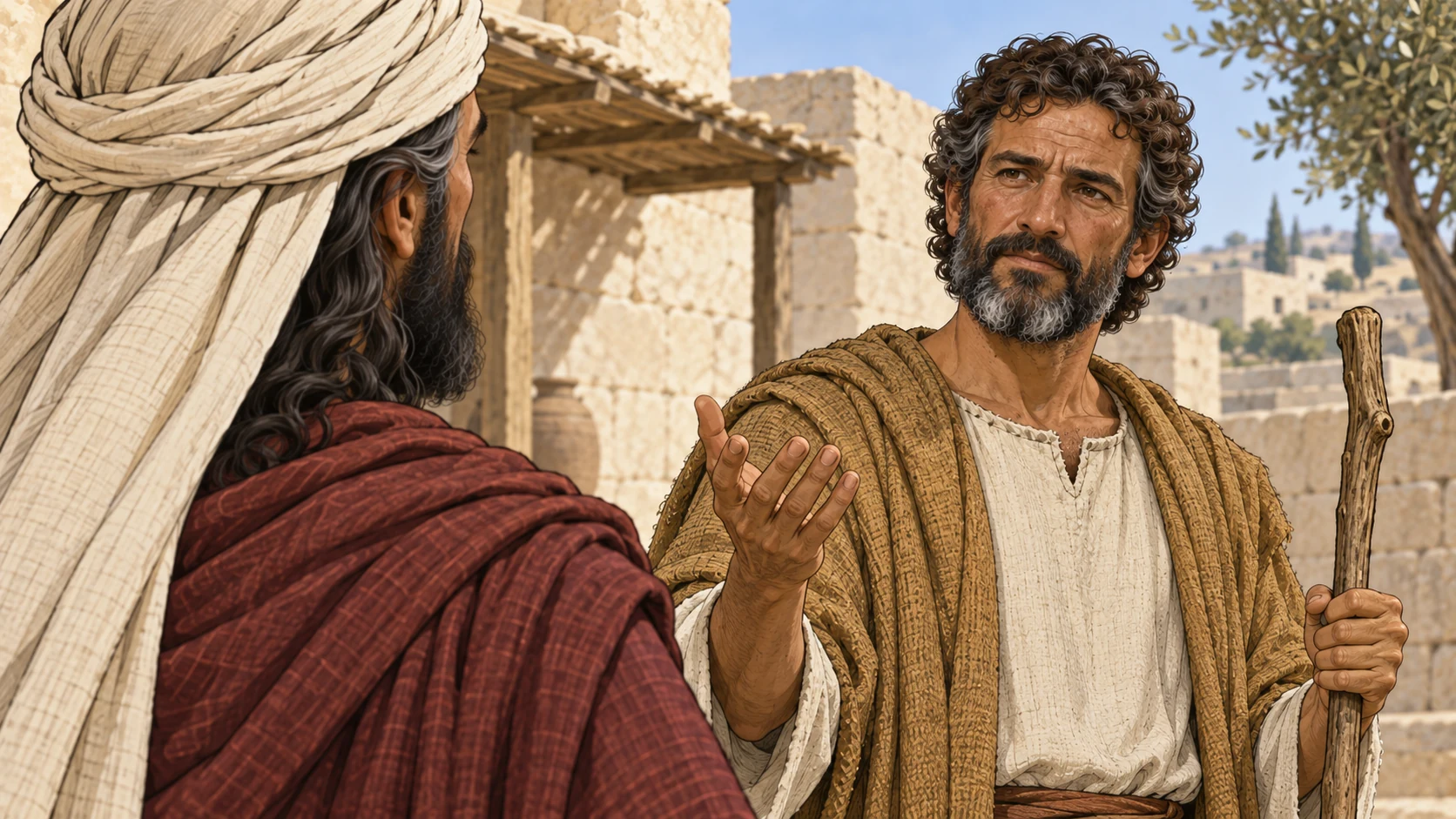 Amos speaks firmly toward Amaziah, seen from the priest’s shoulder, without a future-warning vignette.