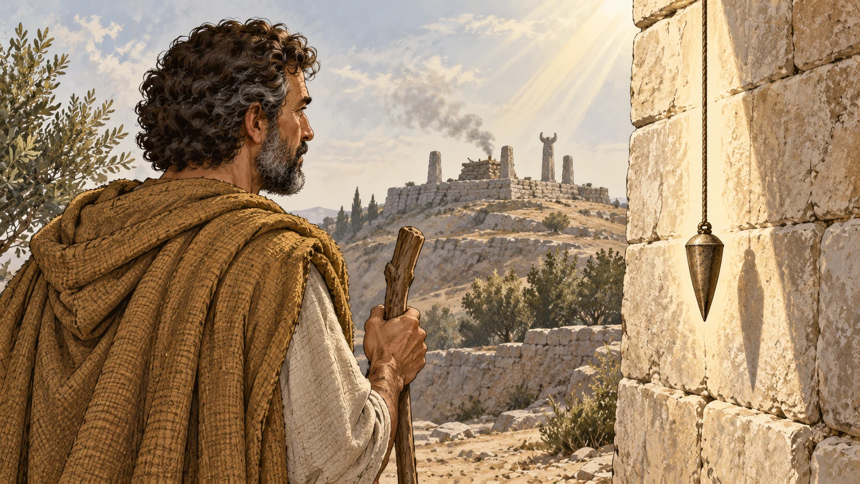 Amos looks toward a suspended plumb bob and a stone wall in a visionary plane.